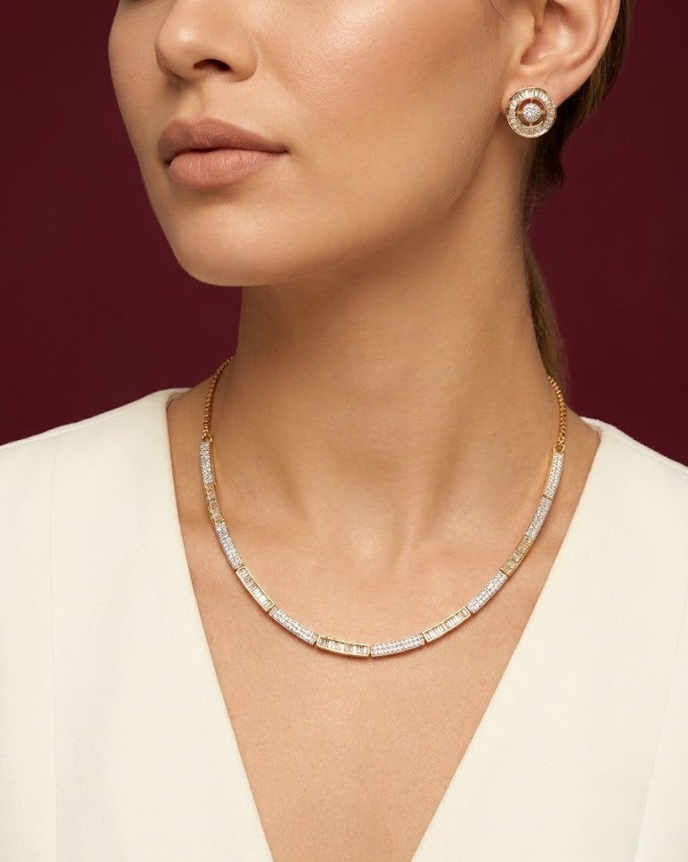 Aarunya Luxe Diamond Line Necklace Set with Stud Earrings