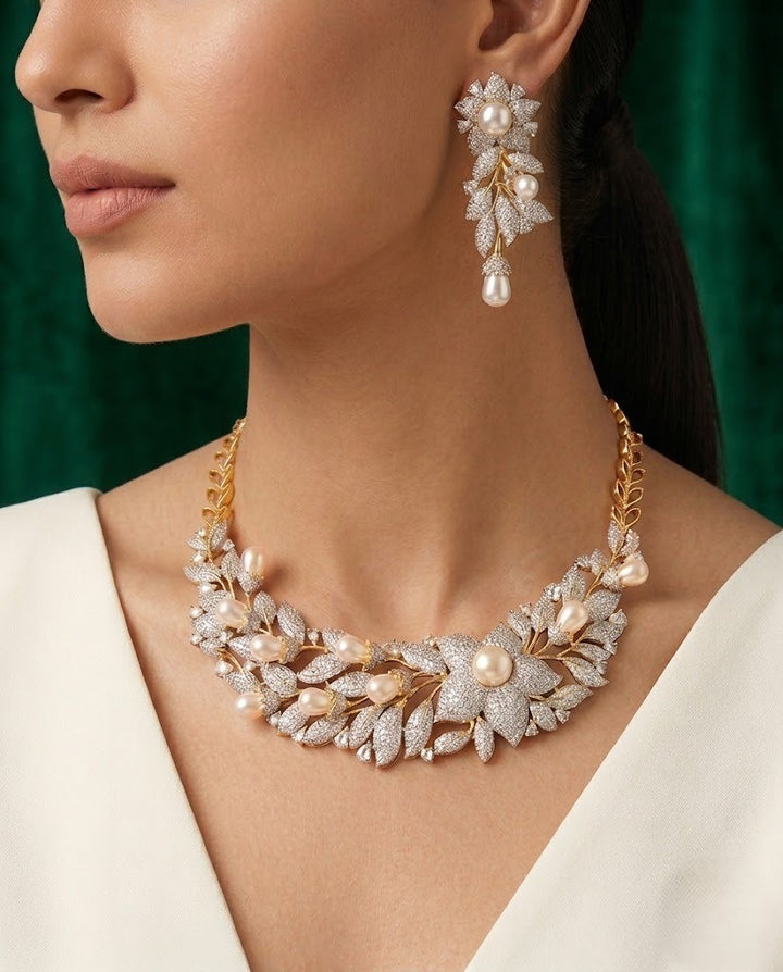 Vaanya Pearl Floral Necklace Set with Screw Back Earrings