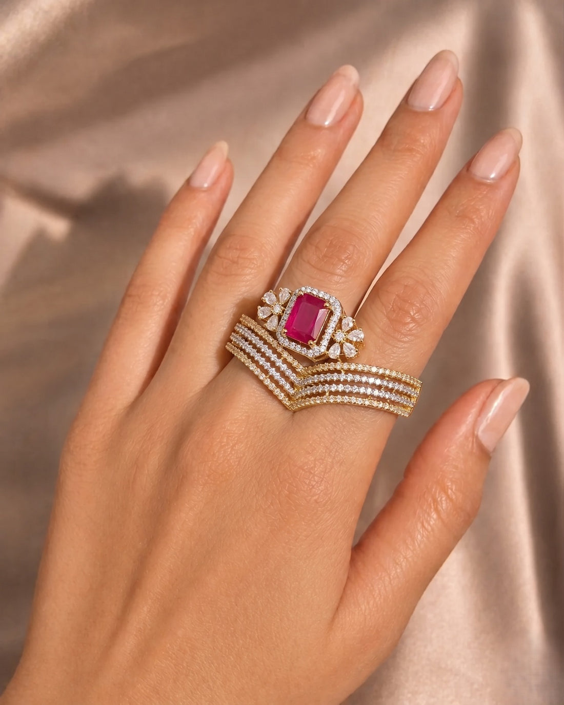 Mayurika Royal Ruby Halo Multi-Layer Statement Ring
