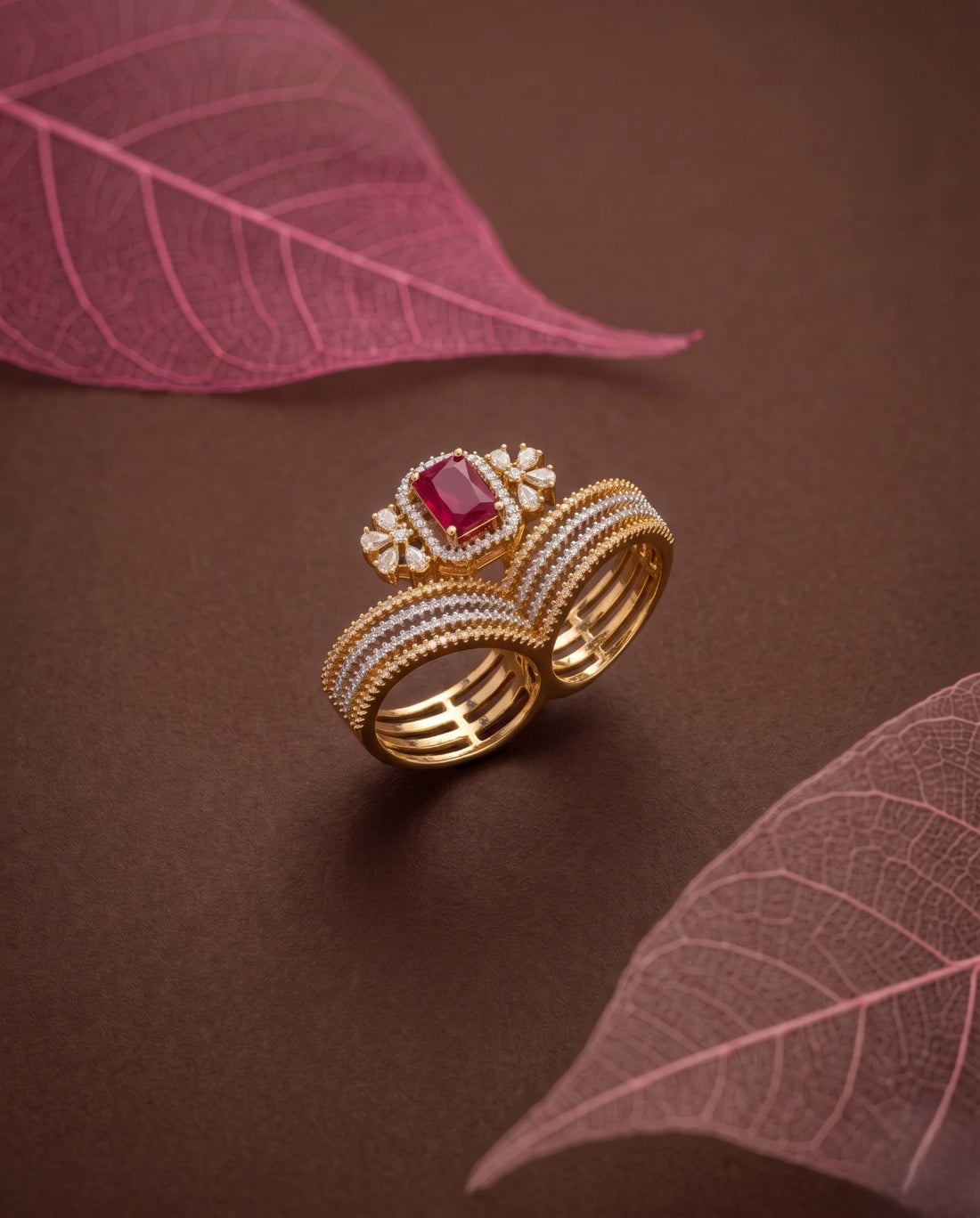 Mayurika Royal Ruby Halo Multi-Layer Statement Ring