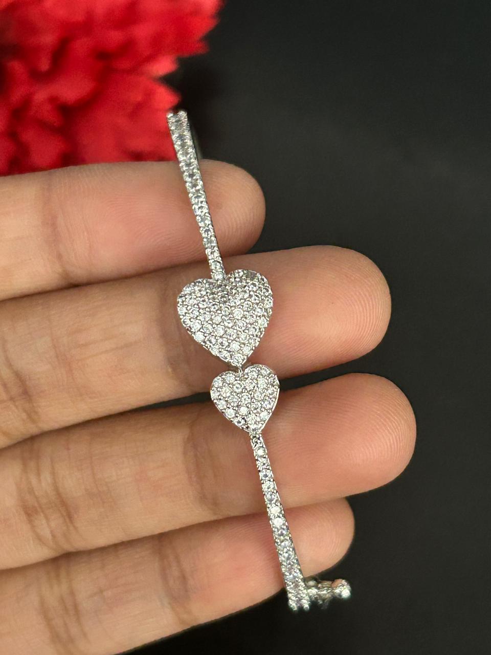 Heart Charm Diamond Look Silver Kada for Women | Elegant Openable Bracelet
