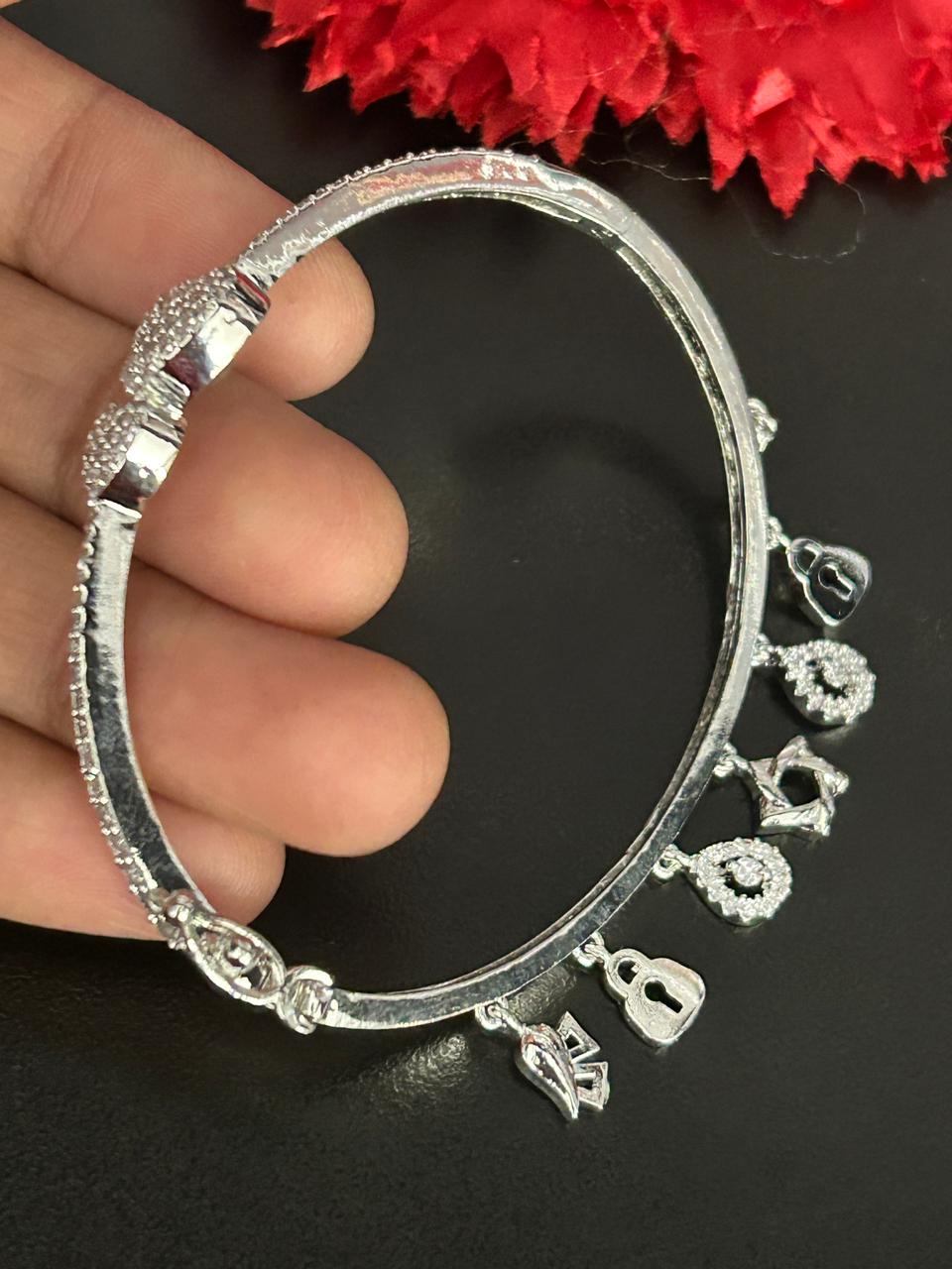 Heart Charm Diamond Look Silver Kada for Women | Elegant Openable Bracelet