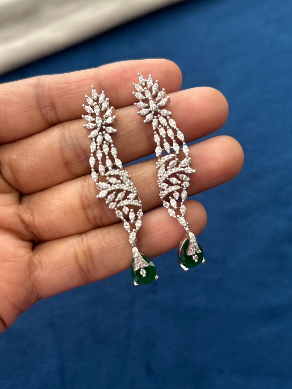 Meherza Emerald Real Look Diamond Necklace Set with Green Drop Earrings
