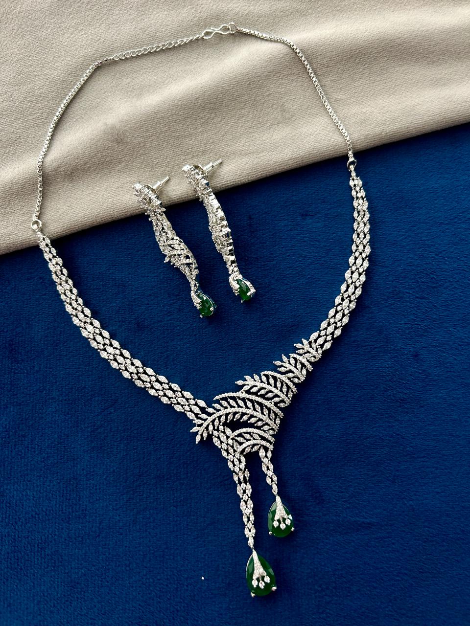 Meherza Emerald Real Look Diamond Necklace Set with Green Drop Earrings