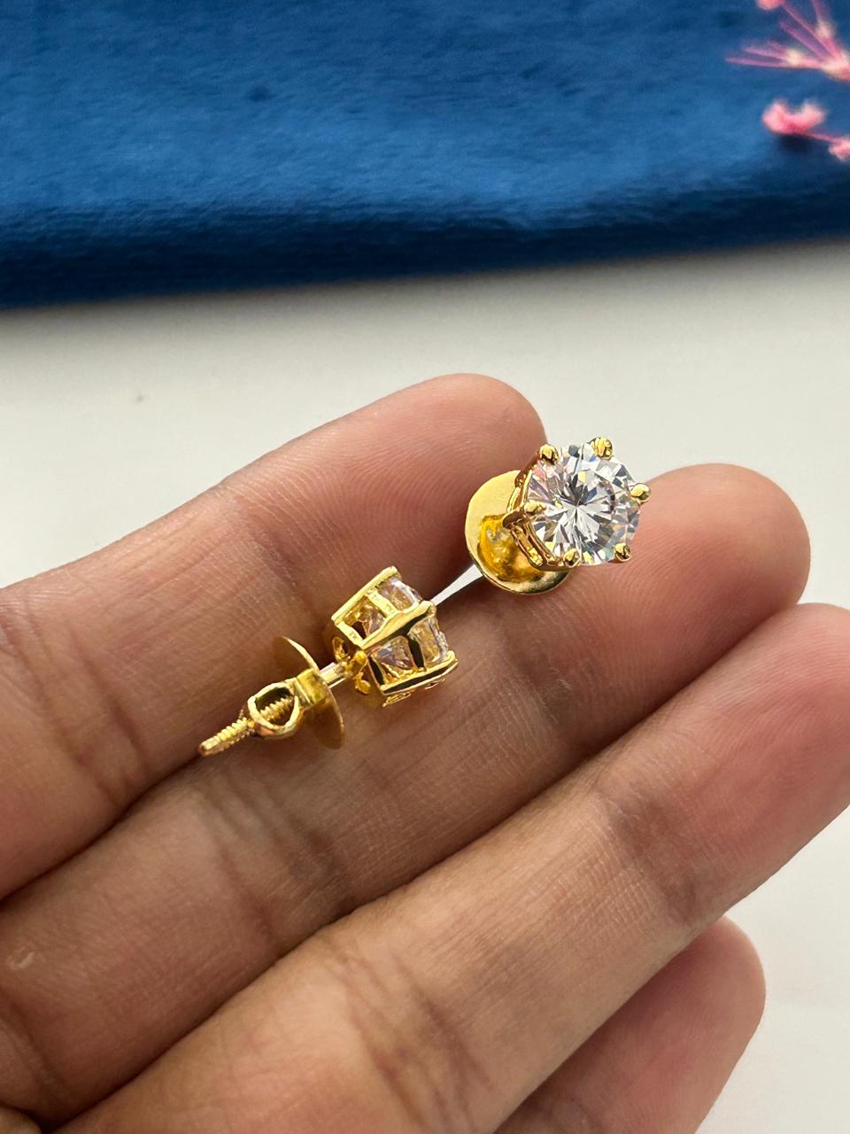 Screw Pench Ishraya Spark Gold Tone Diamond Look Solitaire Stud Earrings for Women | Screw Back Tops