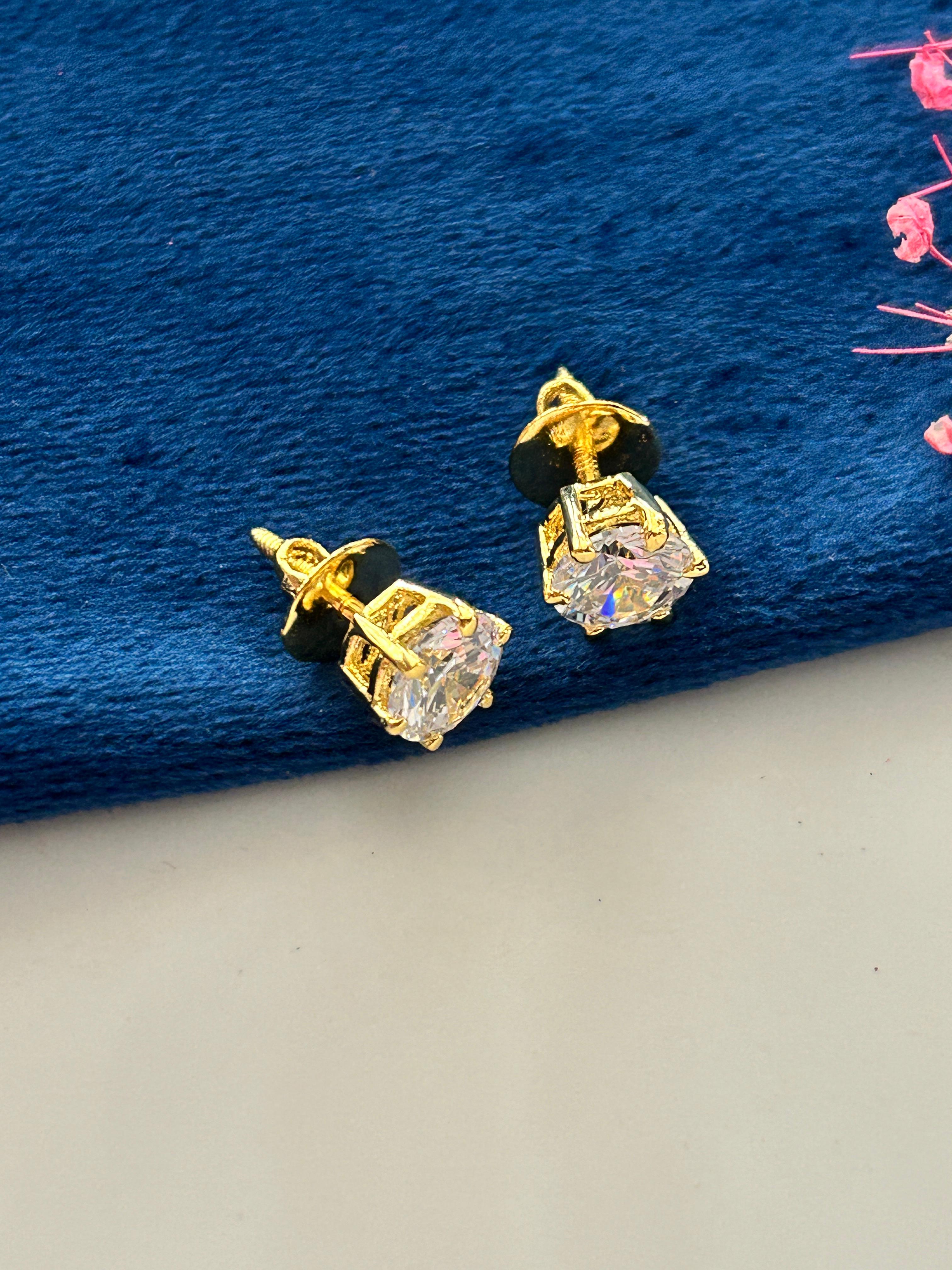 Screw Pench Ishraya Spark Gold Tone Diamond Look Solitaire Stud Earrings for Women | Screw Back Tops