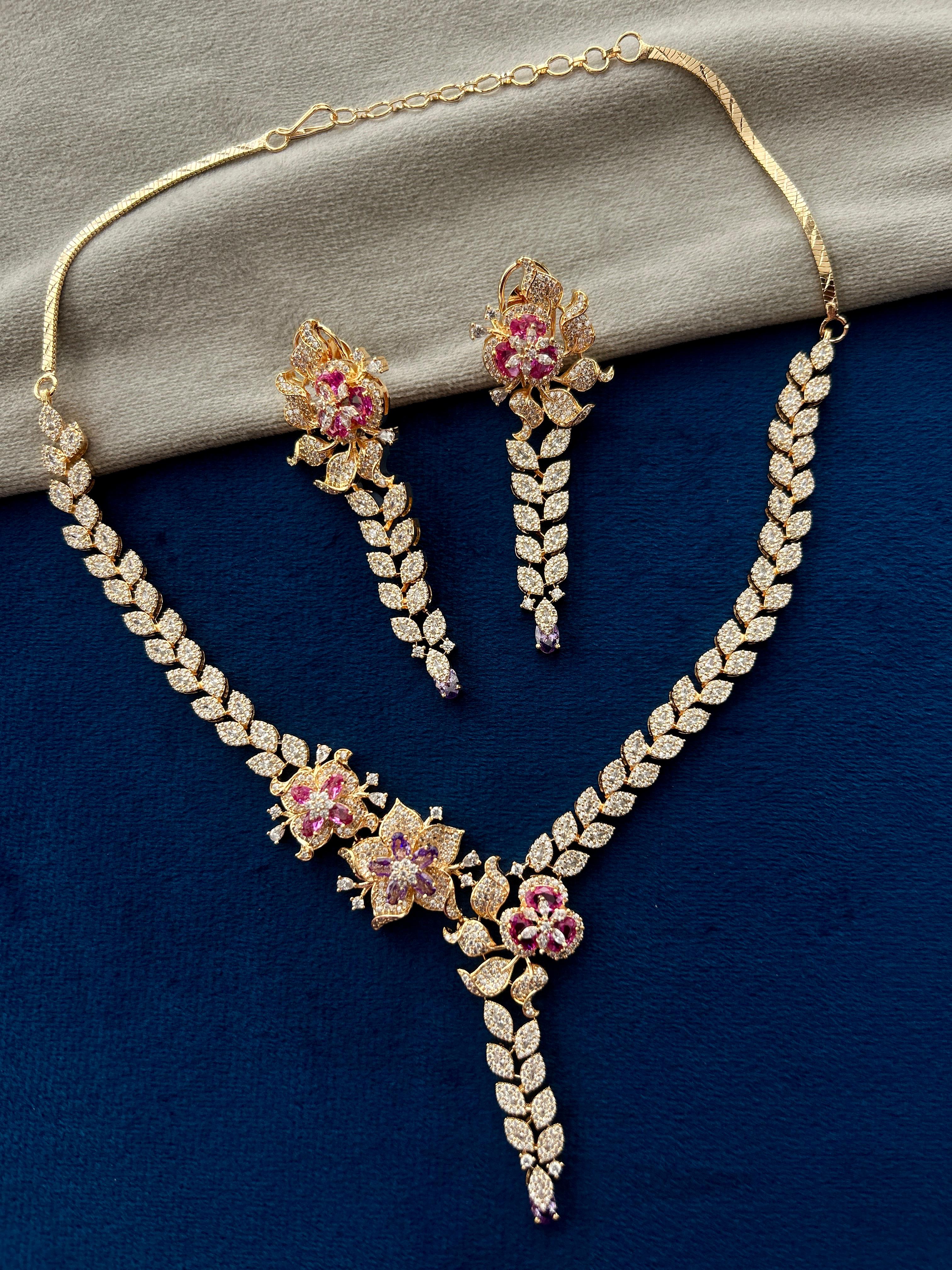 Gulnaaz Pushp Pink Floral Diamond Look Necklace Set with Earrings | Gold Tone Party Jewellery