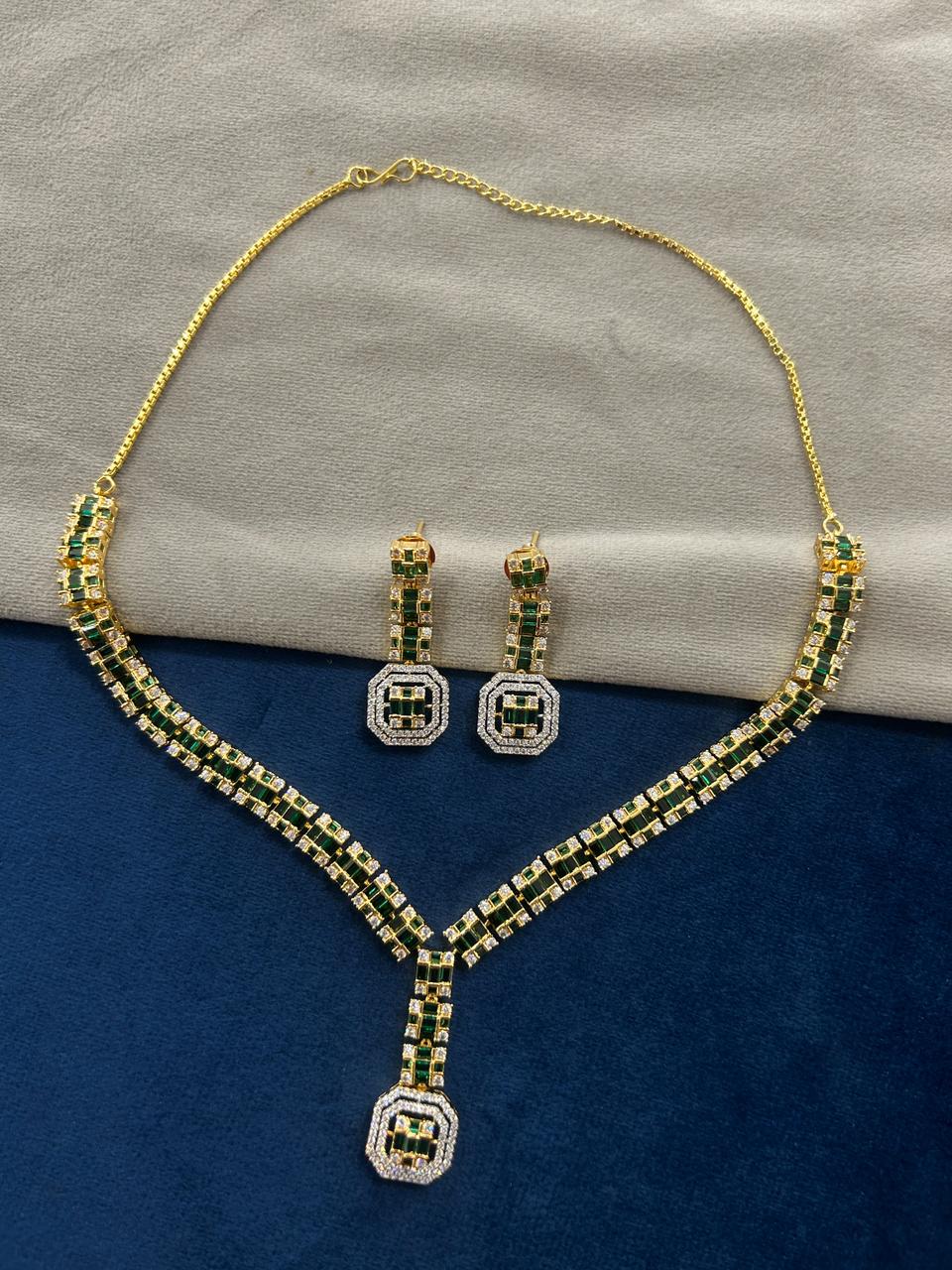 Panna Viraasat Green Stone Diamond Look Necklace Set with Earrings | Gold Tone Party Jewellery