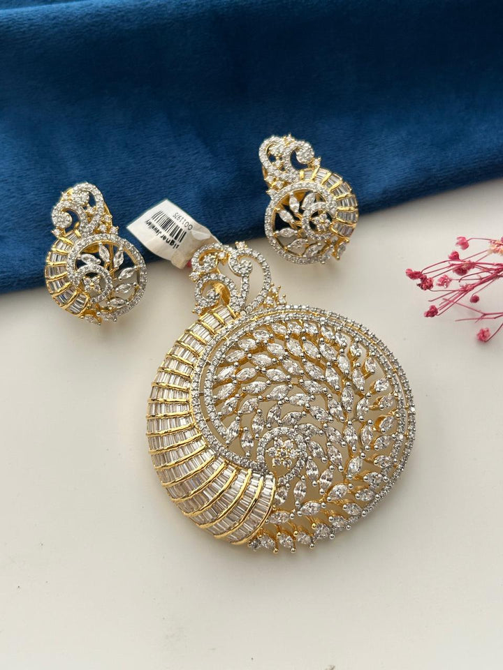 Mayurika Chandrika Peacock Design Diamond Look Pendant Set with Earrings