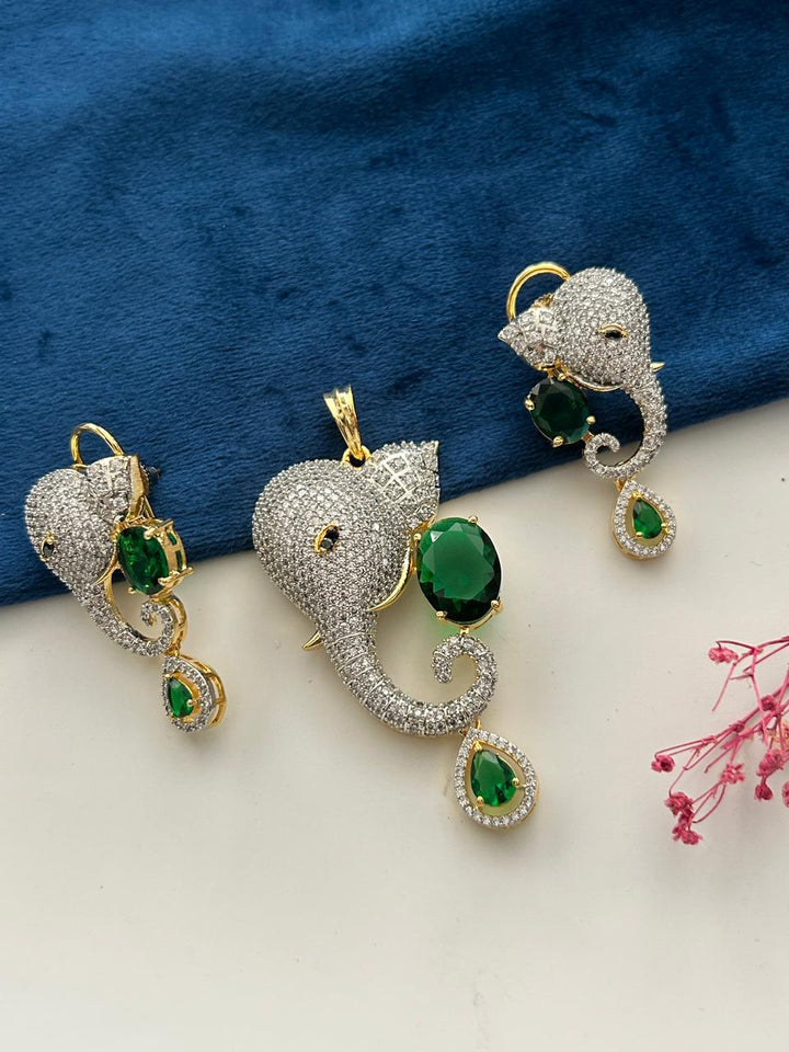 Gajraaj Emerald Elephant Designer Pendant Set