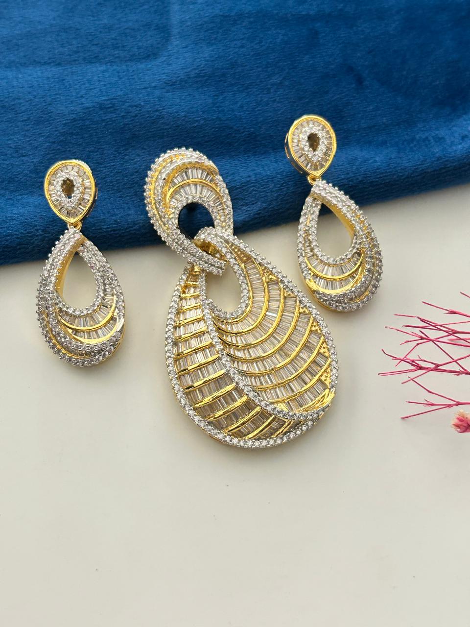 Ruhani Veena Silver Tone Diamond Look Pendant Set