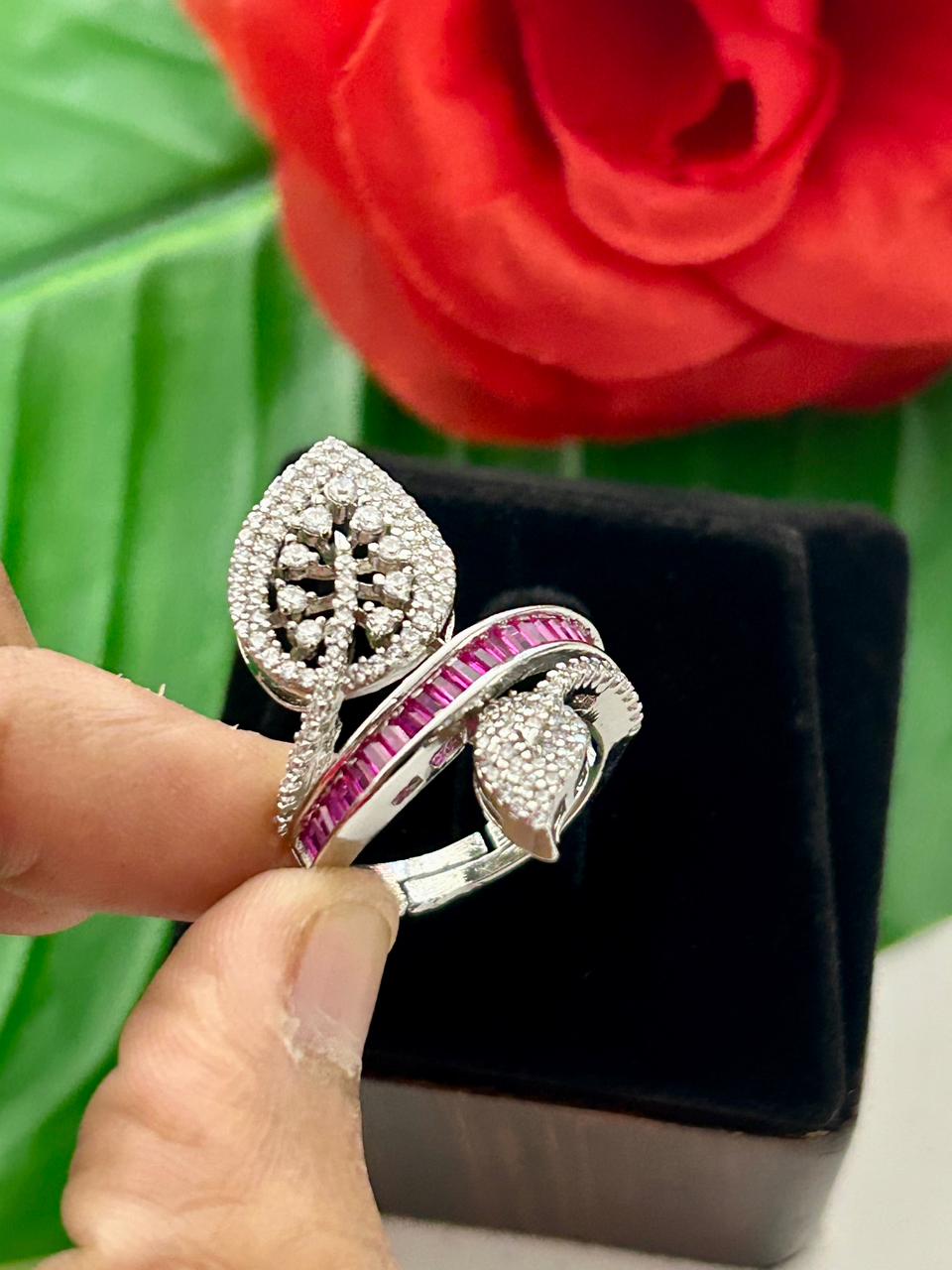 Gulnaar Leaf AD Ring for Women Silver Tone Adjustable Designer Ring