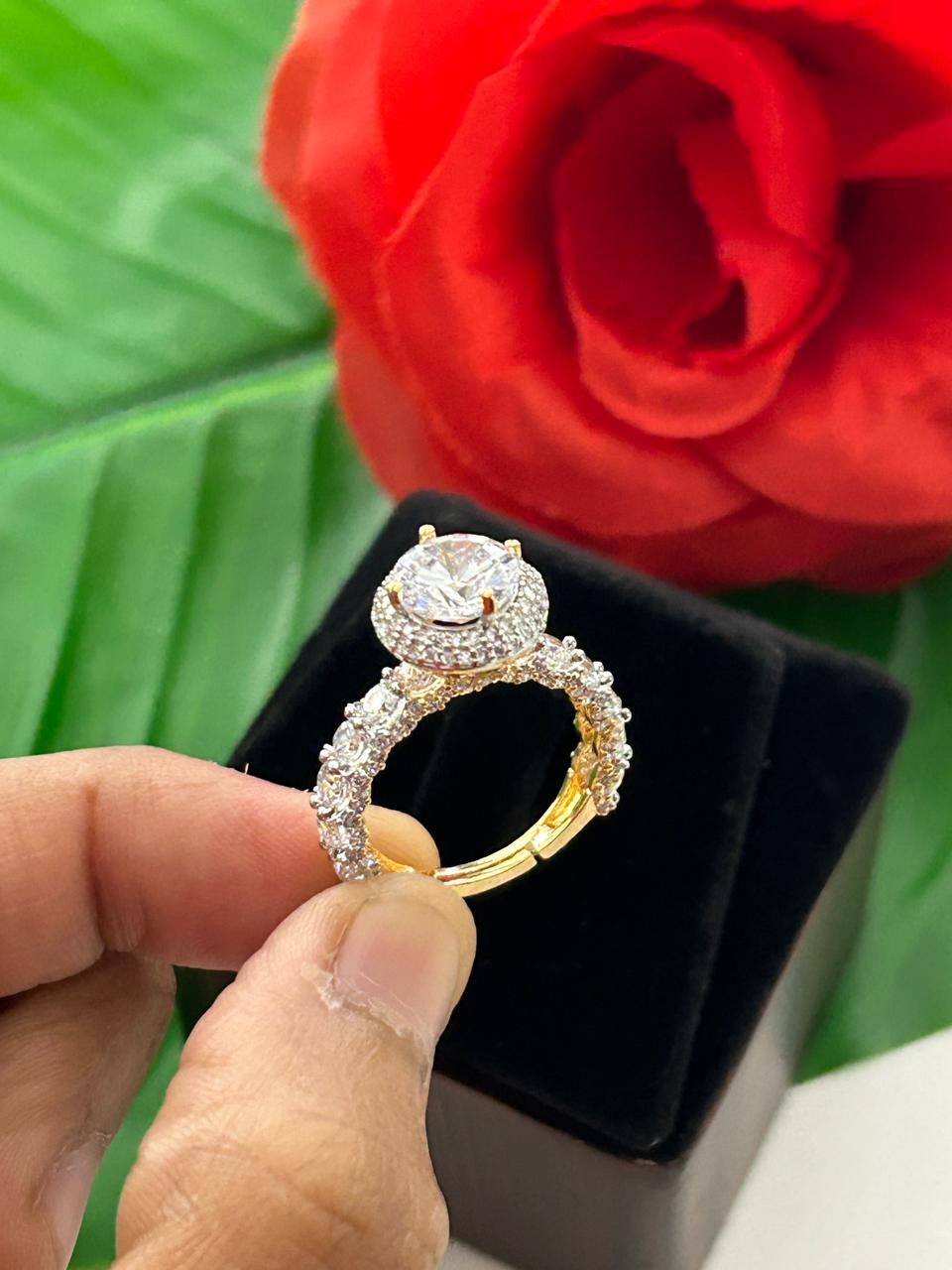 Noorika Solitaire AD Ring for Women Gold Tone Adjustable Designer Ring