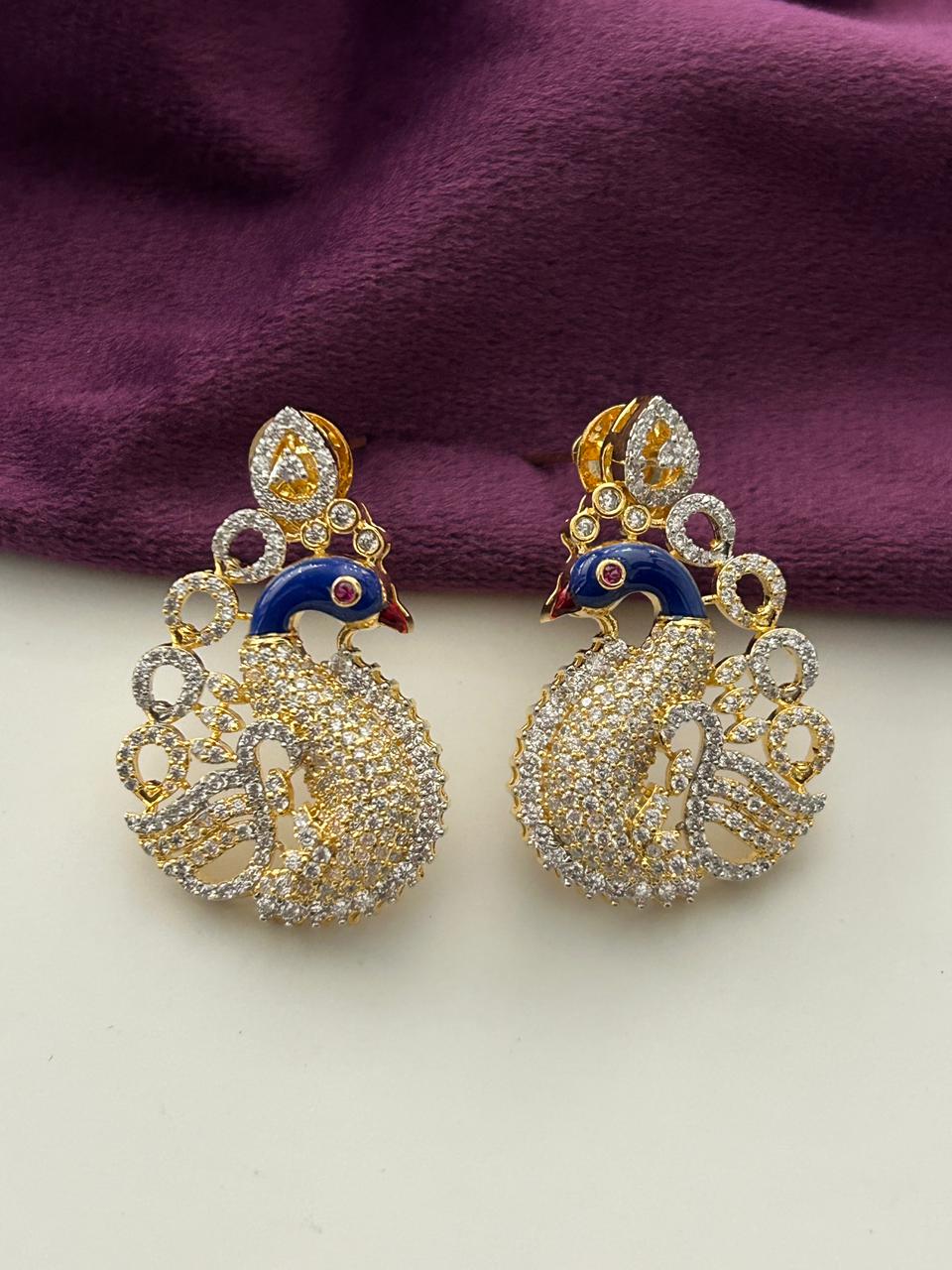 Shyaam Mayur AD Pendant Set with Earrings Gold Tone Peacock Designer Jewellery