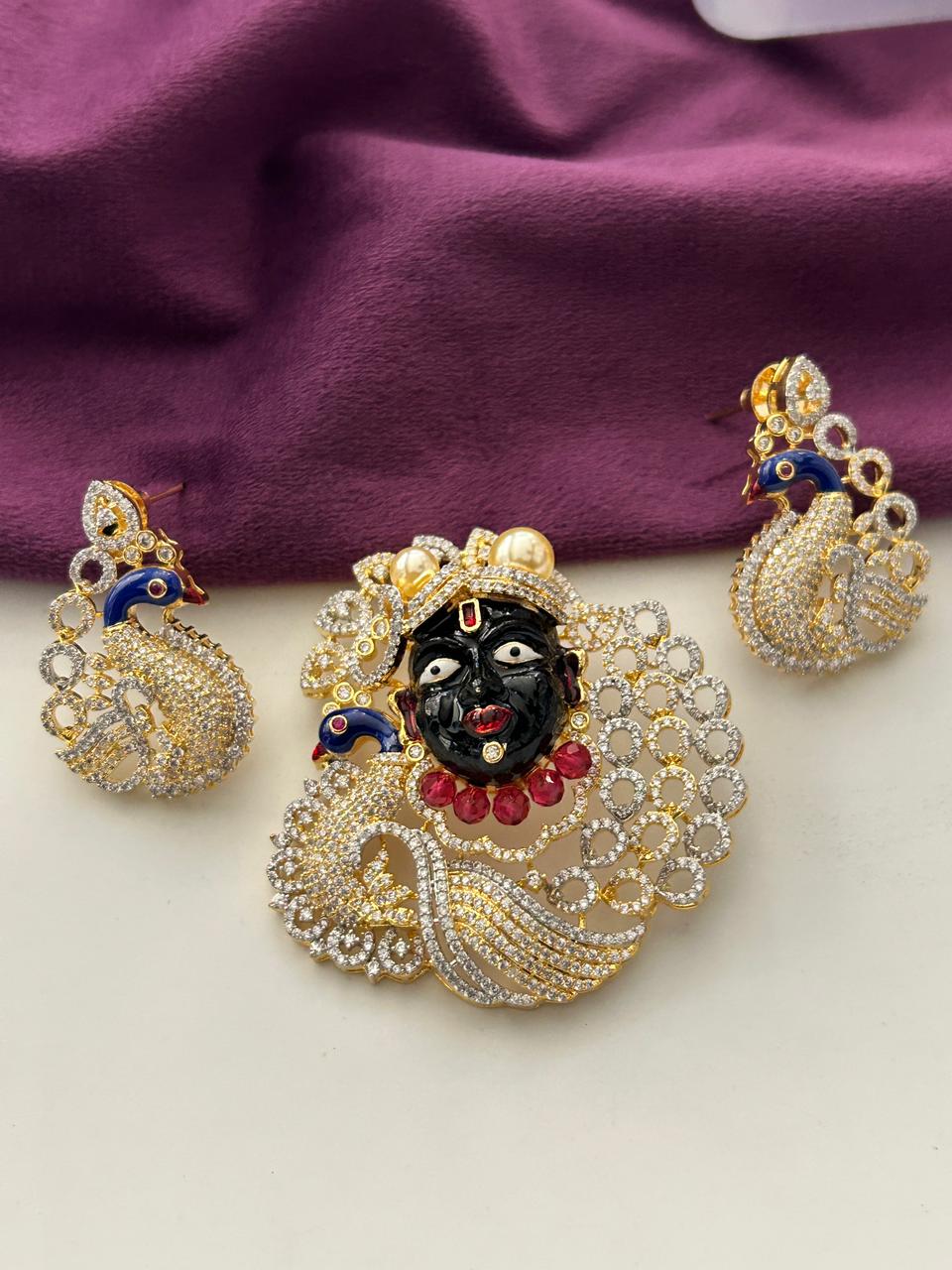 Shyaam Mayur AD Pendant Set with Earrings Gold Tone Peacock Designer Jewellery