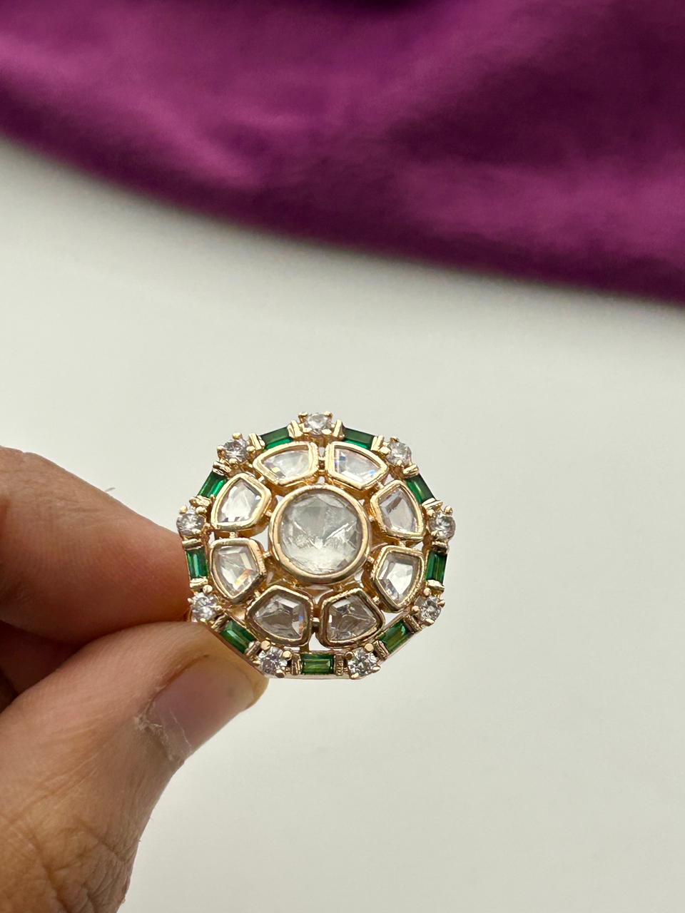 Meherza Kundan Ring for Women Gold Tone Adjustable Floral Statement Ring