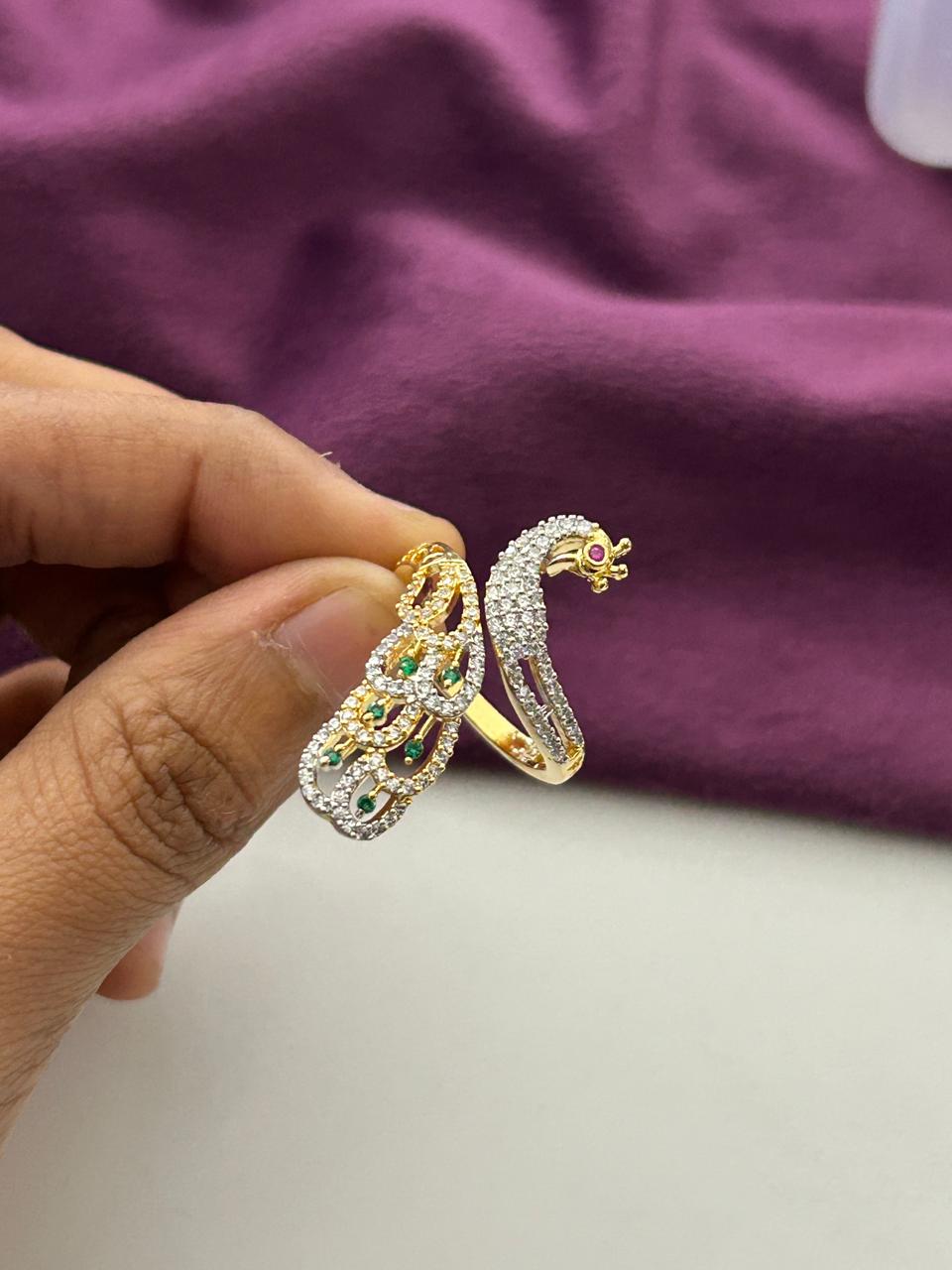 Mayurika Peacock AD Ring for Women Gold Tone Adjustable Designer Ring