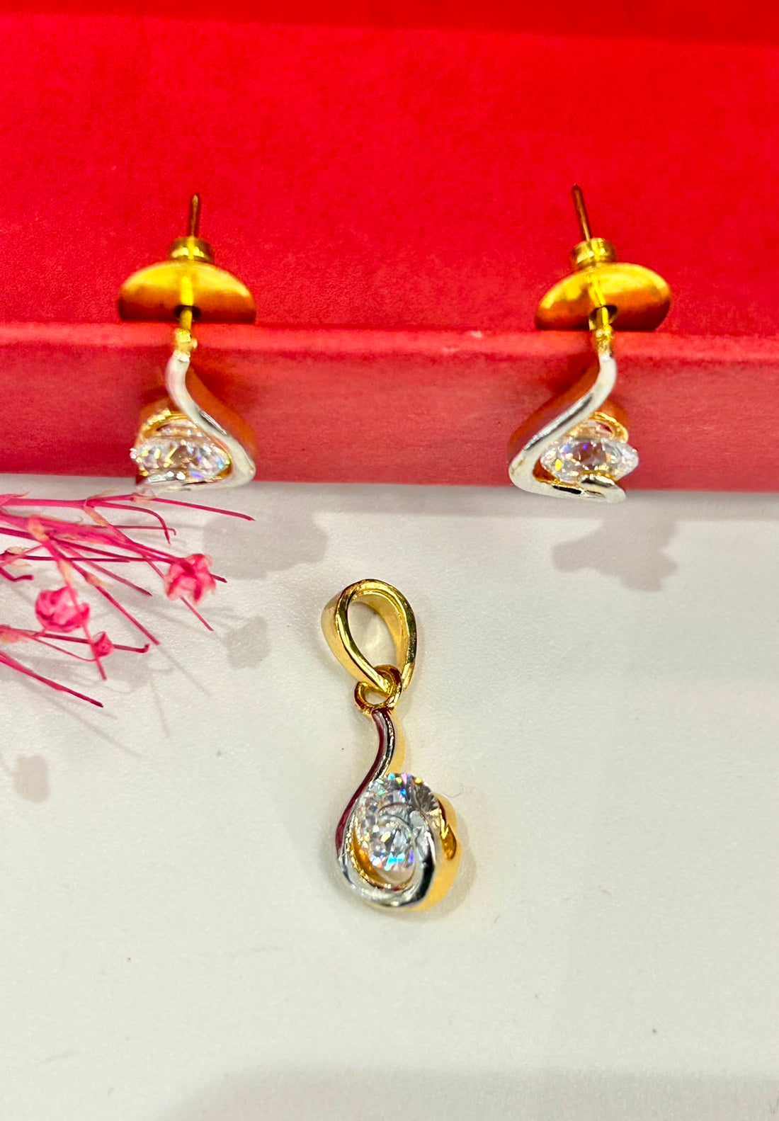Premium Sparkle Dual Tone Diamond Swirl Pendant with Chain & Matching Earrings