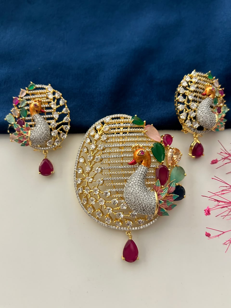 Morangi Emerald Peacock Pendant Set