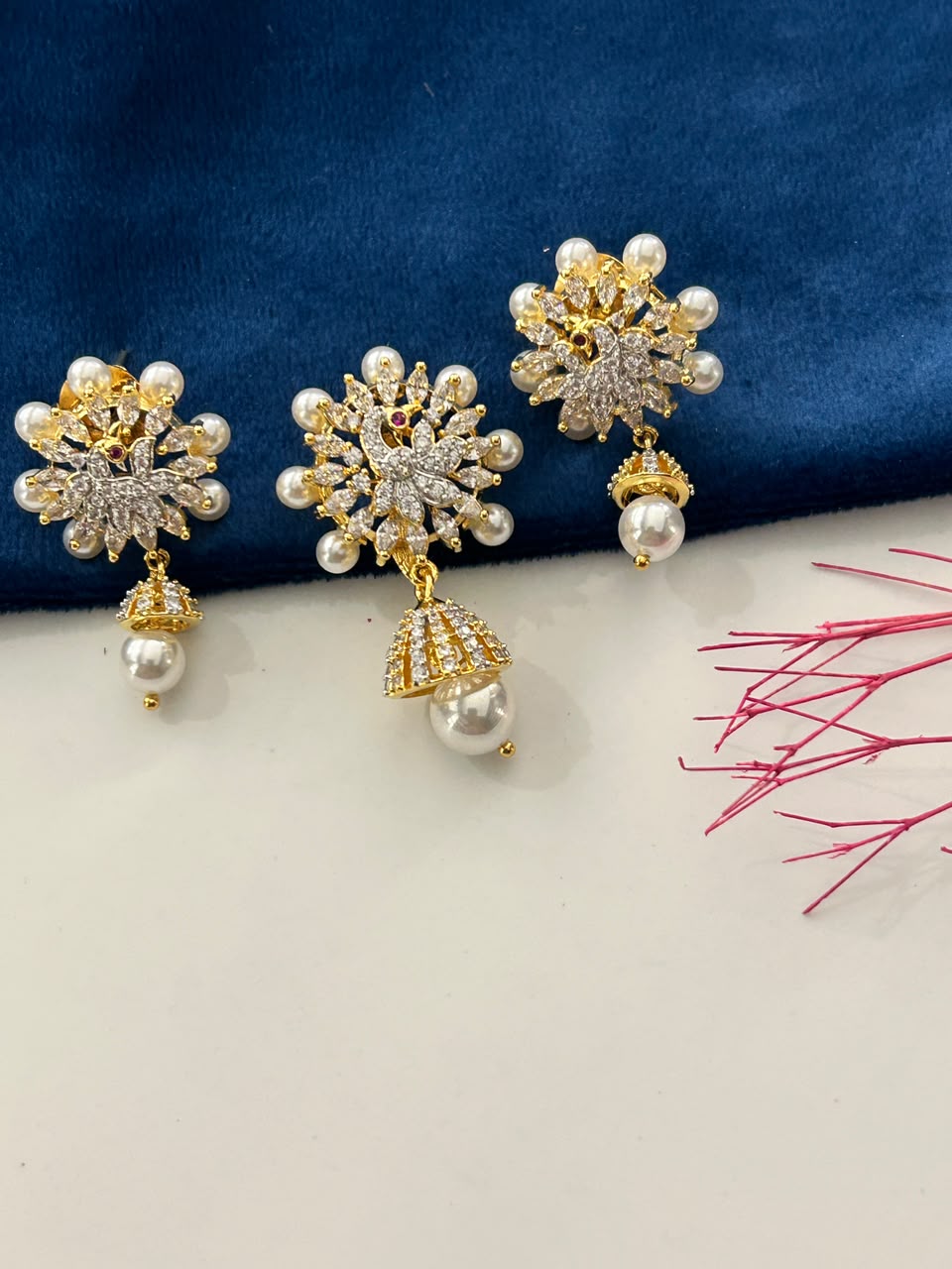 Mayurika Peacock Pearl Jhumki   Gold Tone CZ Pendant & Earrings