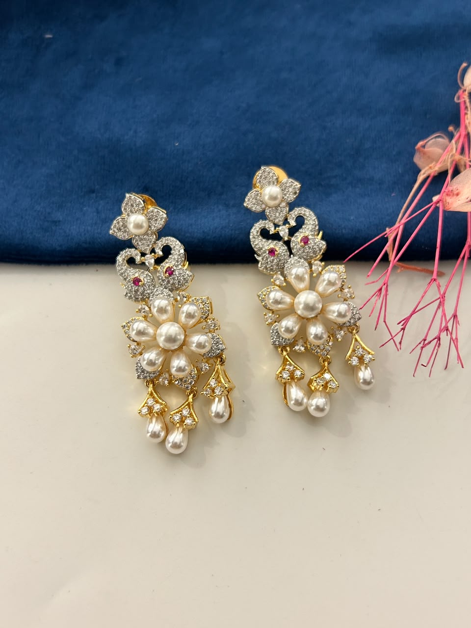 Mrinalini Pearl Elegance  Gold Tone Pearl & CZ Necklace with Earrings