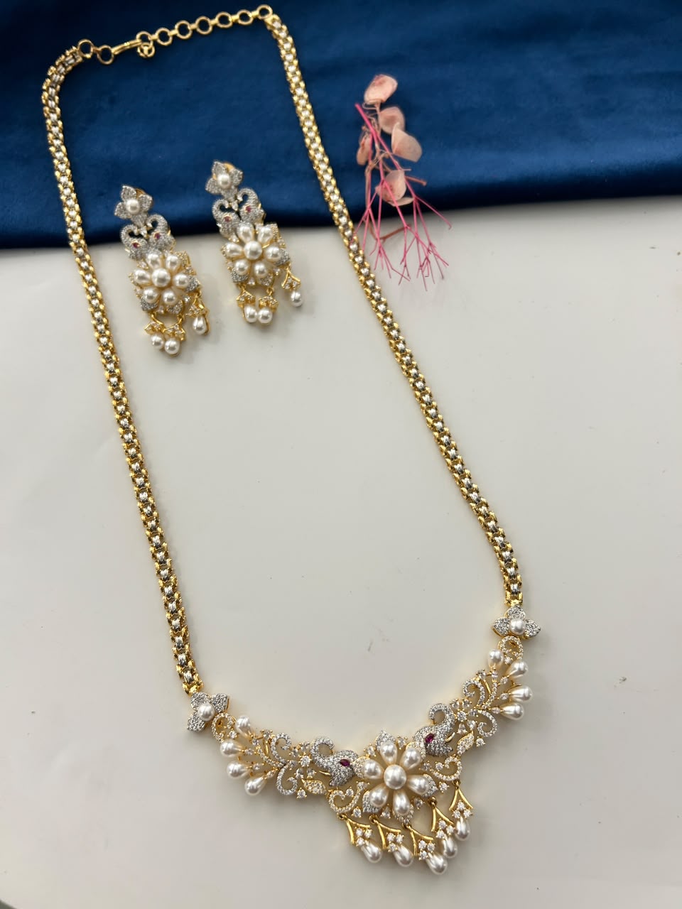 Mrinalini Pearl Elegance  Gold Tone Pearl & CZ Necklace with Earrings