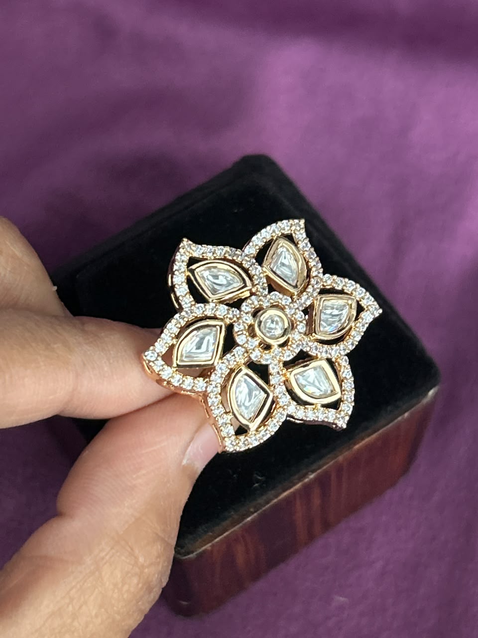 Kumudini Ruby Kundan Ring for Women | Floral Adjustable Statement Ring
