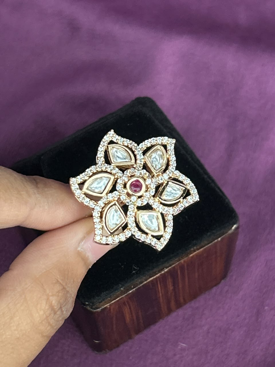 Kumudini Ruby Kundan Ring for Women | Floral Adjustable Statement Ring