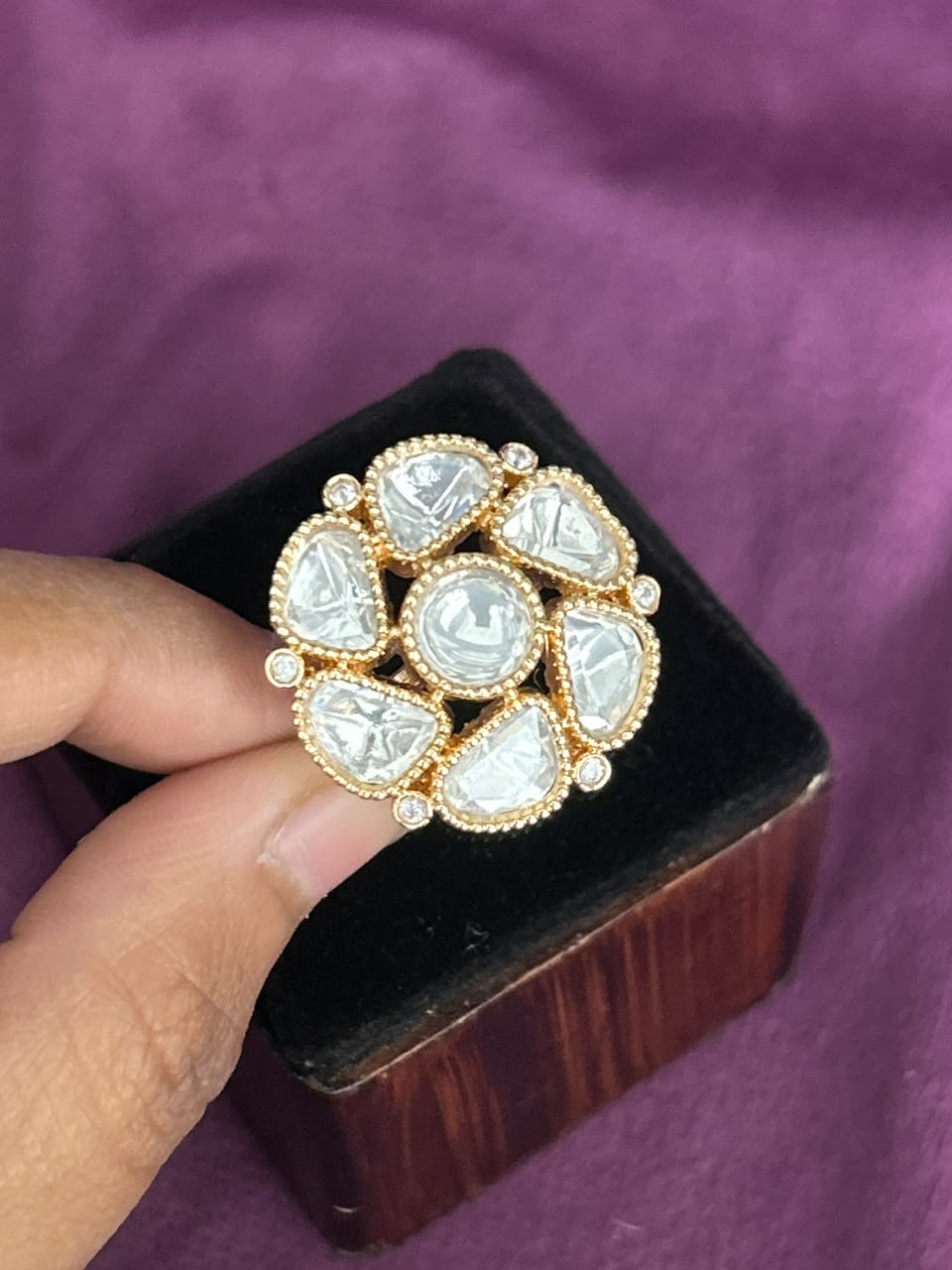 Zarika Emerald Kundan Ring for Women | Adjustable Floral Statement Ring