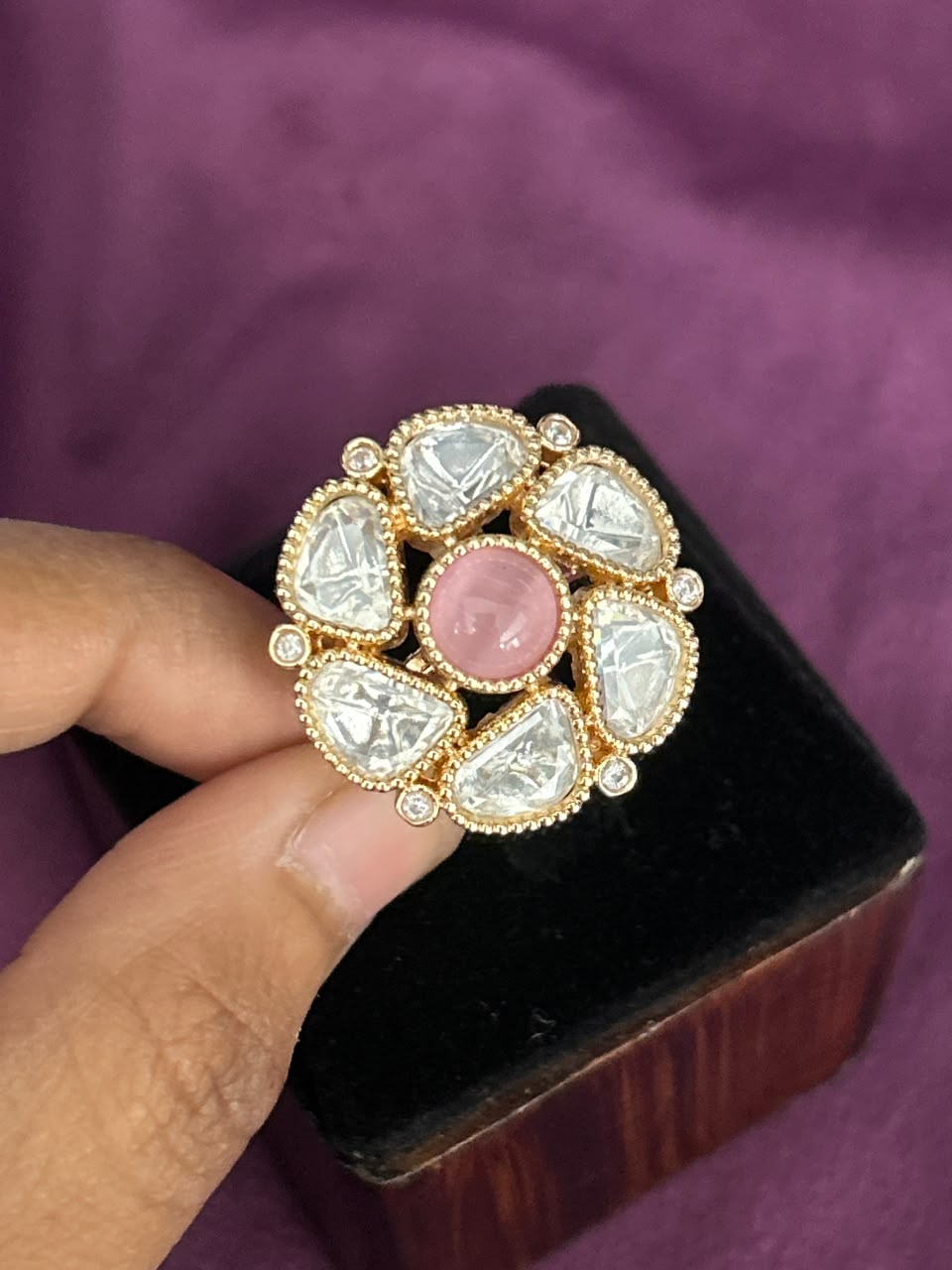 Zarika Emerald Kundan Ring for Women | Adjustable Floral Statement Ring