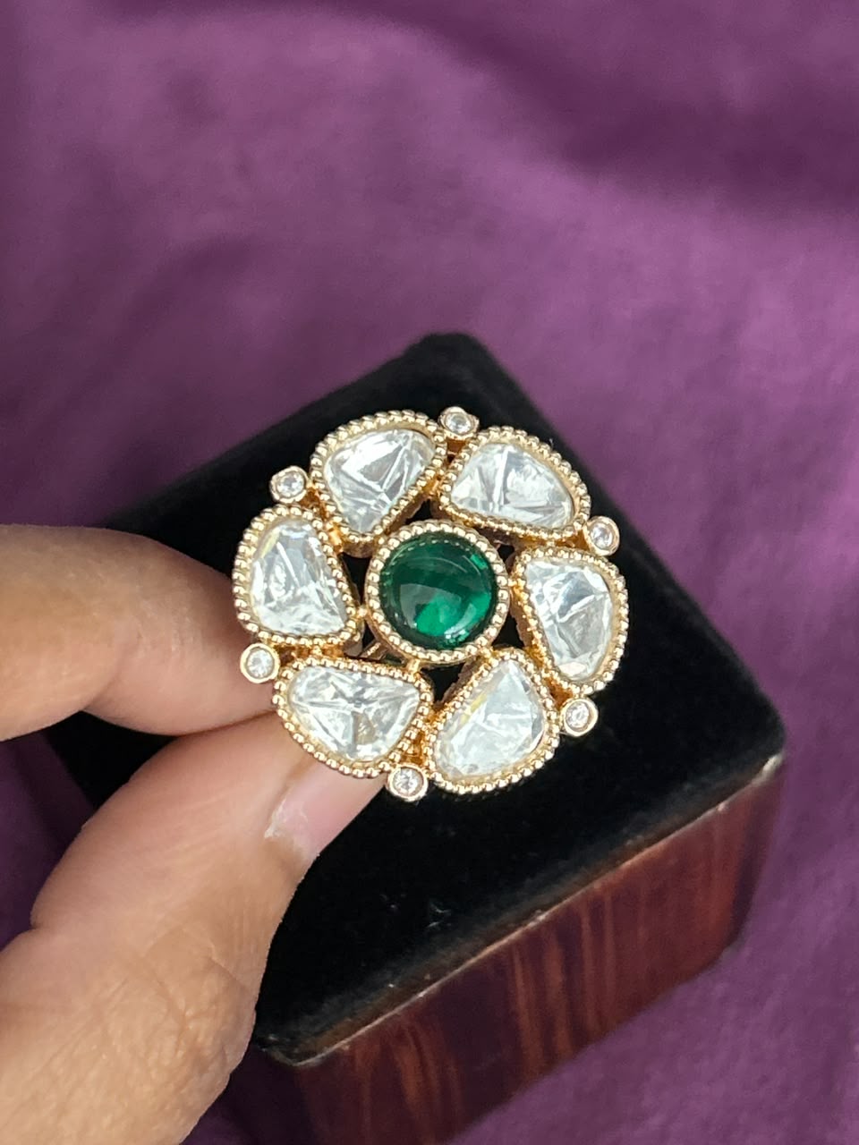 Zarika Emerald Kundan Ring for Women | Adjustable Floral Statement Ring