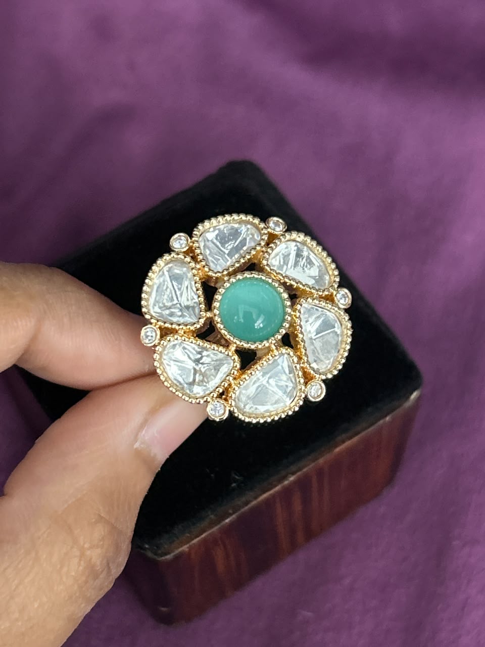 Zarika Emerald Kundan Ring for Women | Adjustable Floral Statement Ring