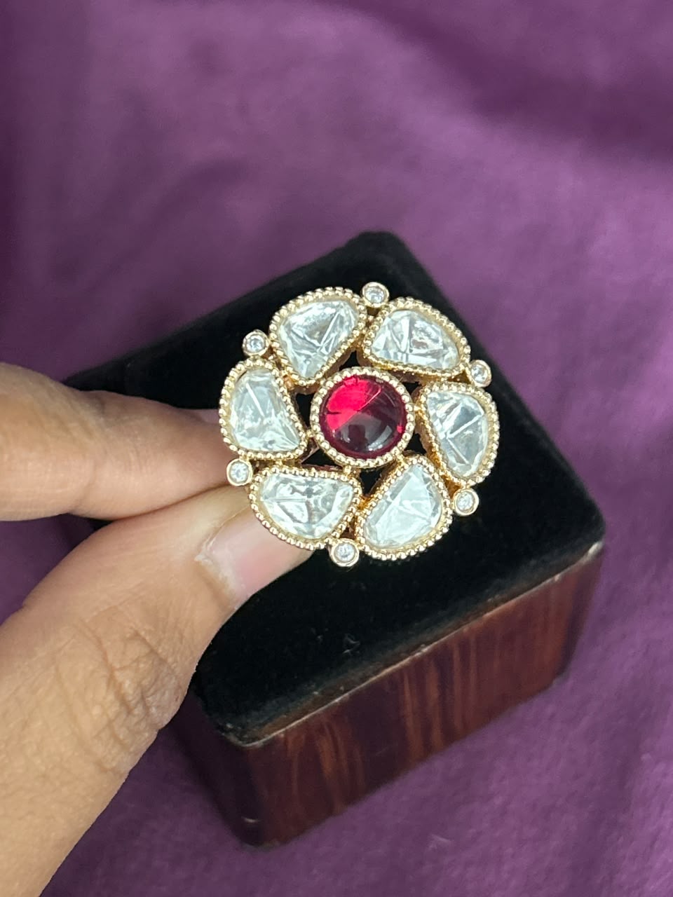 Zarika Emerald Kundan Ring for Women | Adjustable Floral Statement Ring