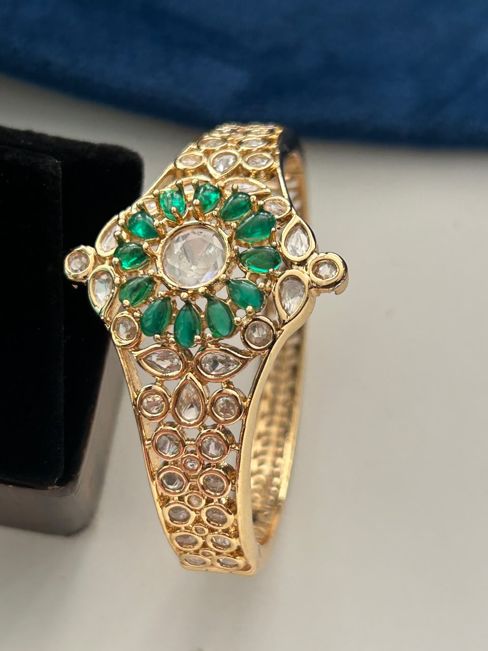 Pannika Green Stone Kundan  Floral Polki Style Oenable Bracelet  for Women