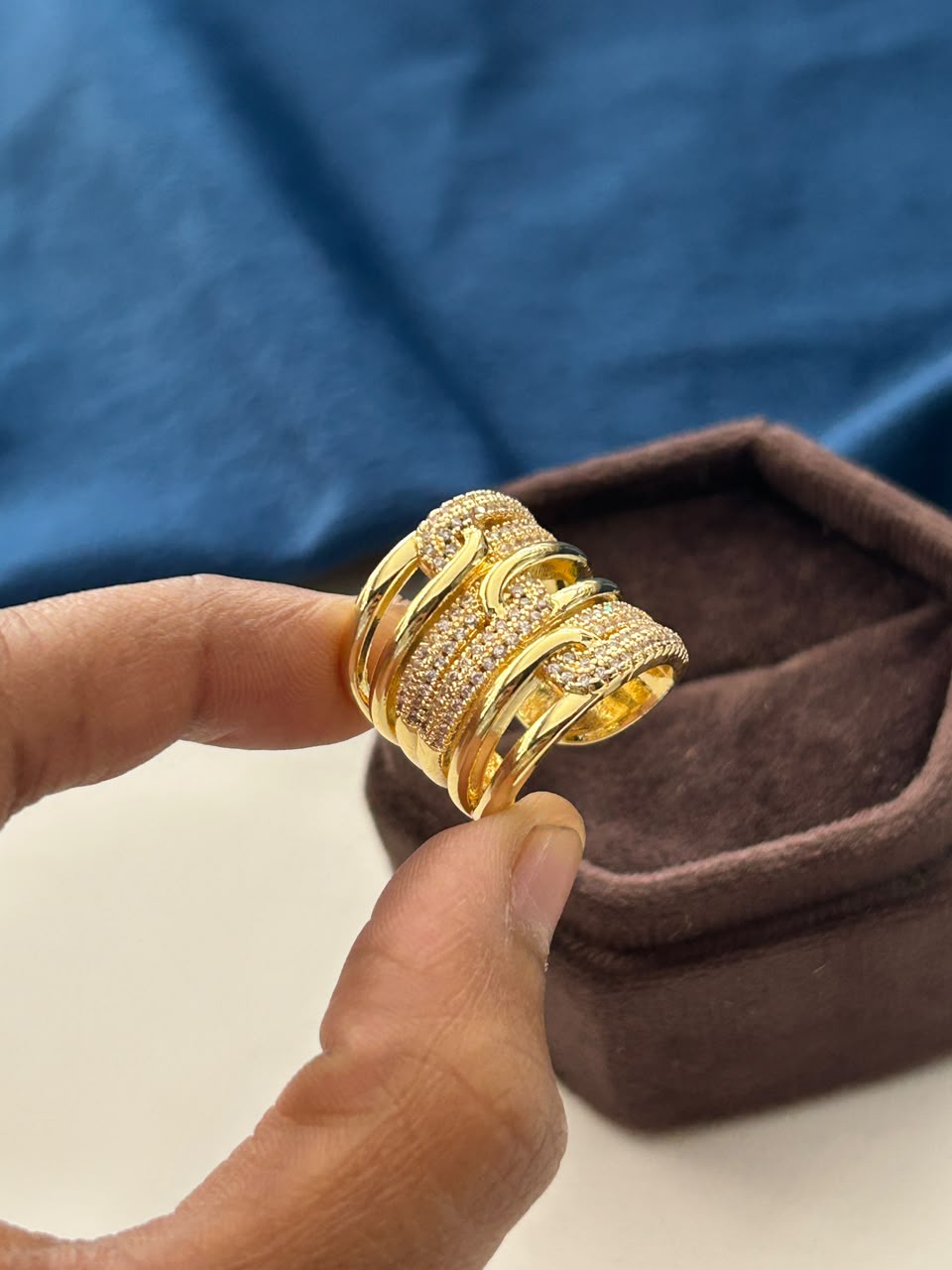 Aarohi Luxe Wave Ring – Gold Tone Statement Diamond Ring
