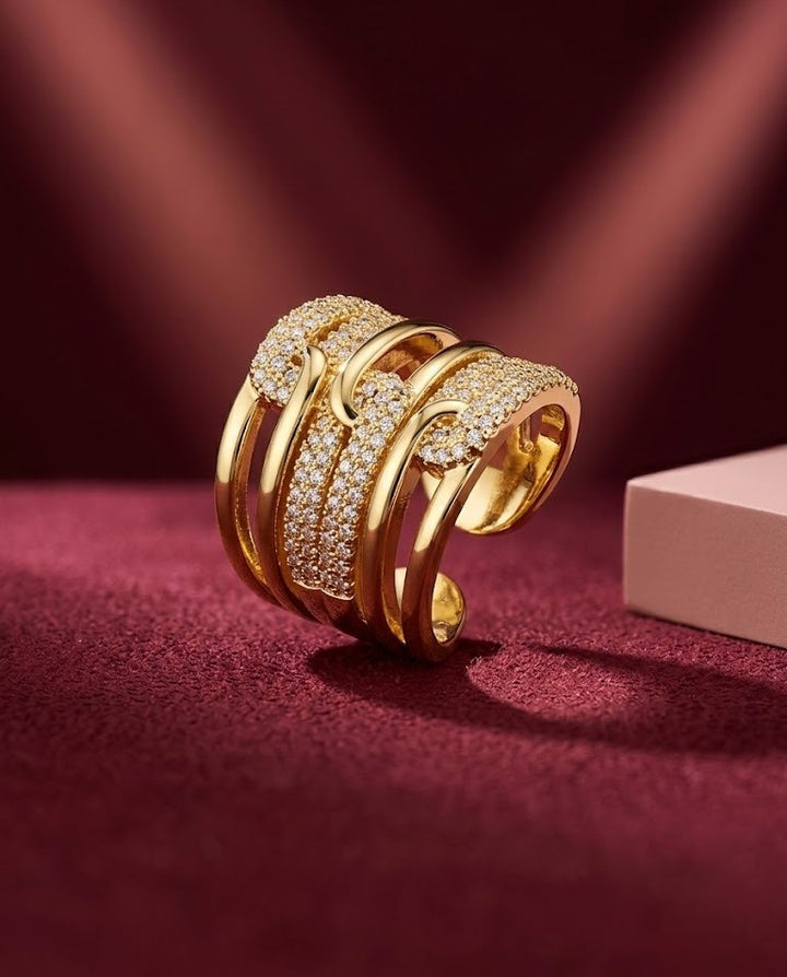 Aarohi Luxe Wave Ring – Gold Tone Statement Diamond Ring
