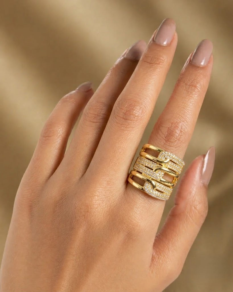 Aarohi Luxe Wave Ring – Gold Tone Statement Diamond Ring