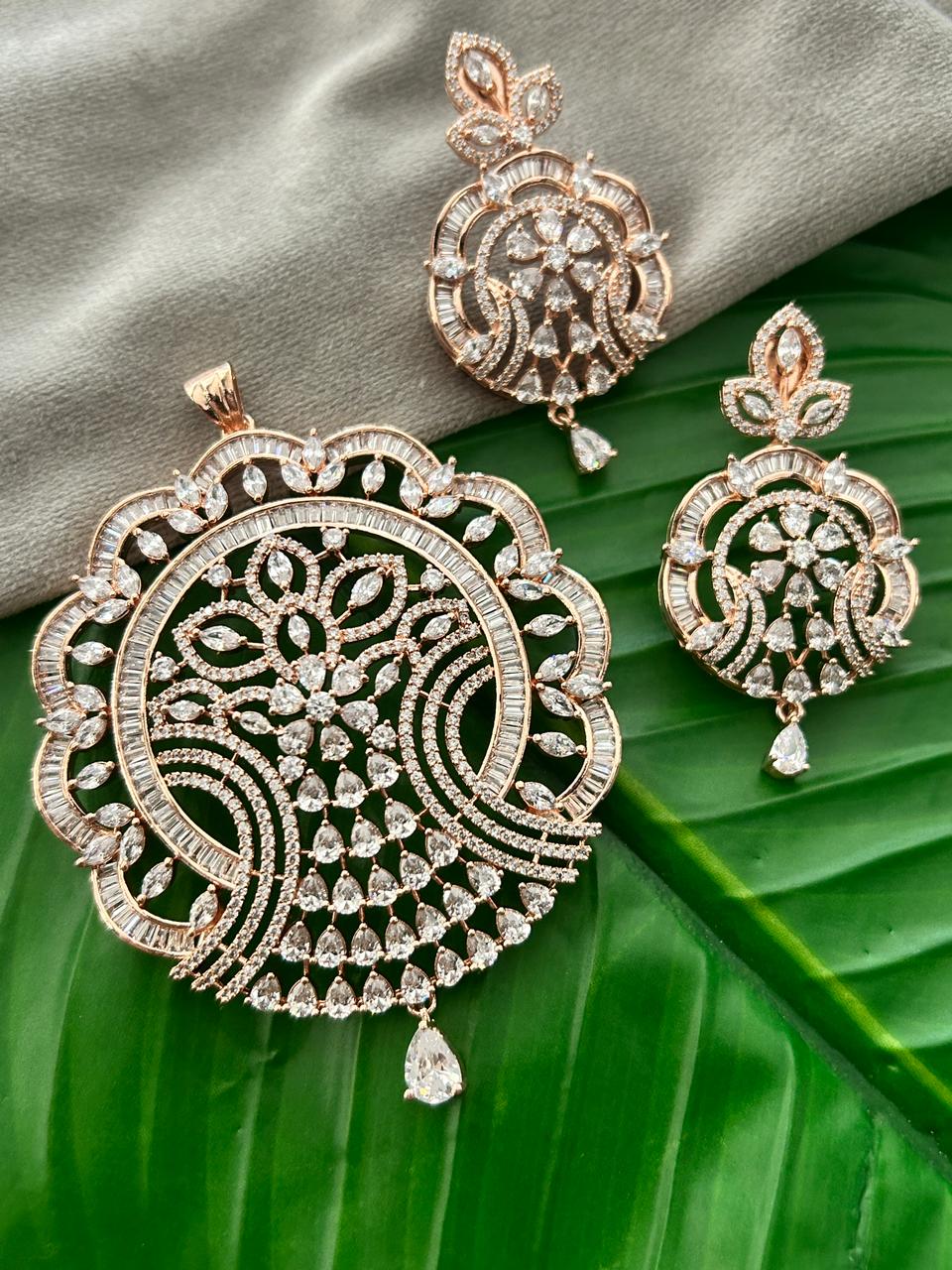 Mehera Peacock Royale AD Rose Gold Pendant Set