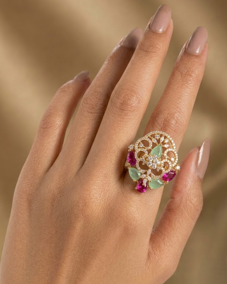 Kiara Ruby Filigree AD Adjustable Statement Ring
