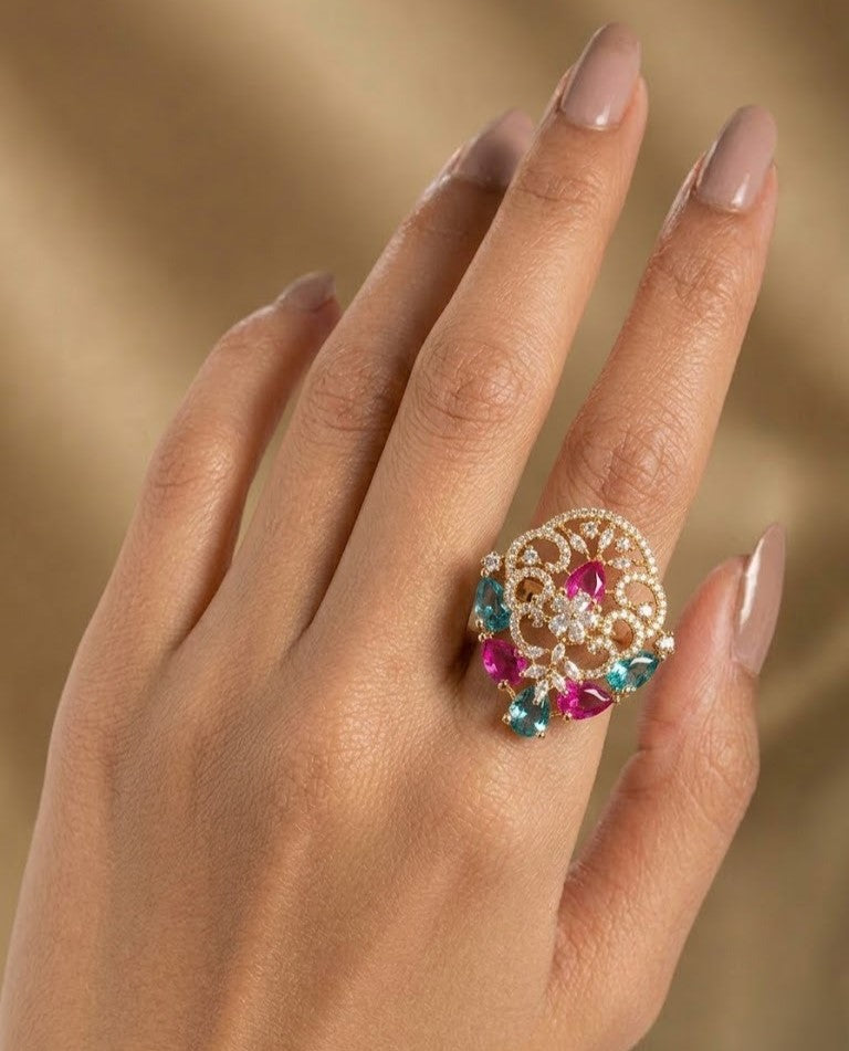 Kiara Ruby Filigree AD Adjustable Statement Ring