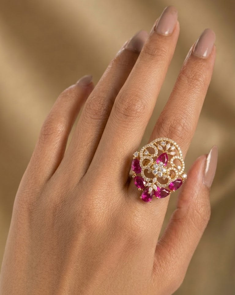 Kiara Ruby Filigree AD Adjustable Statement Ring
