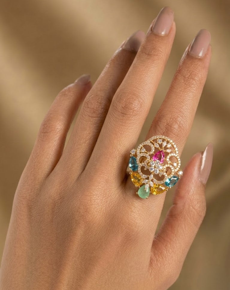Kiara Ruby Filigree AD Adjustable Statement Ring