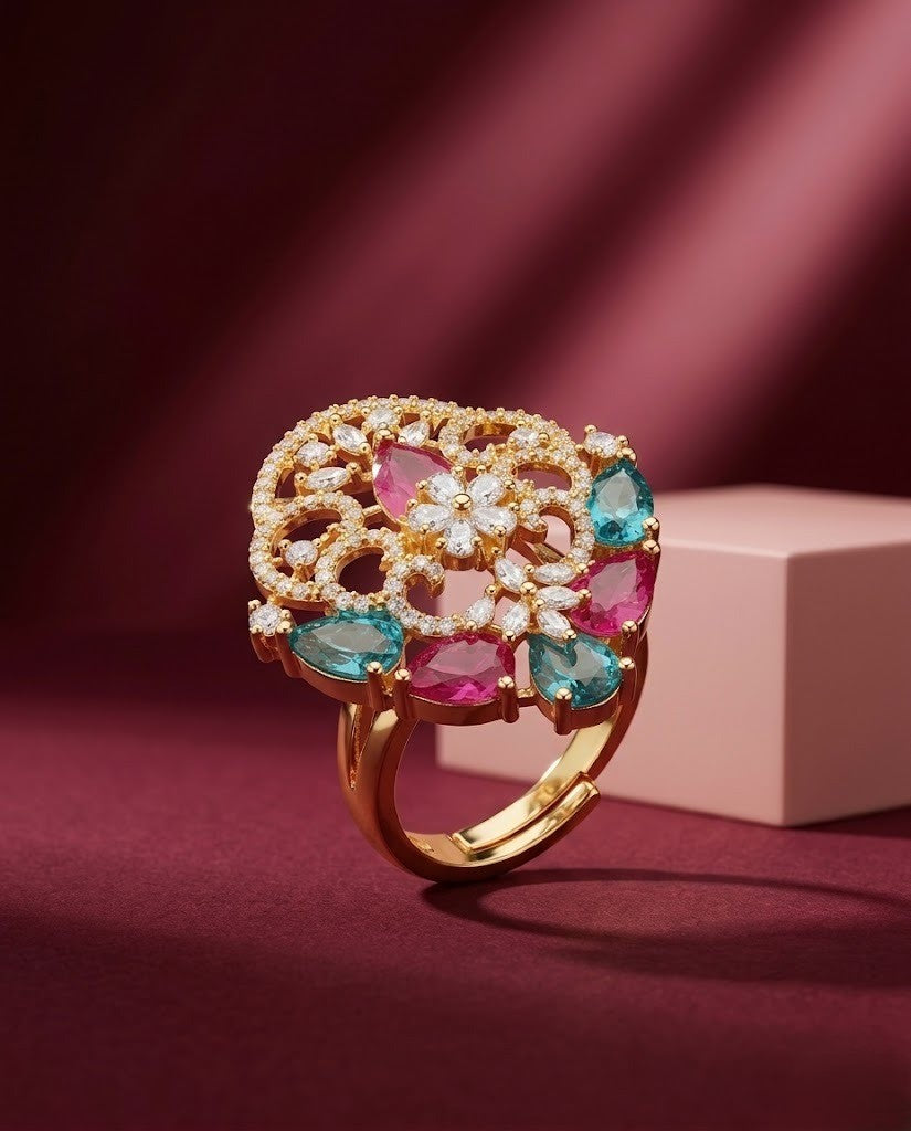 Kiara Ruby Filigree AD Adjustable Statement Ring
