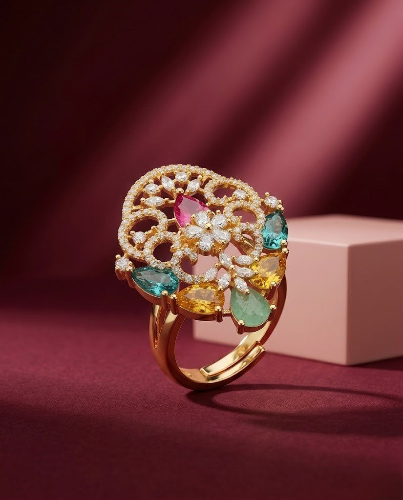 Kiara Ruby Filigree AD Adjustable Statement Ring