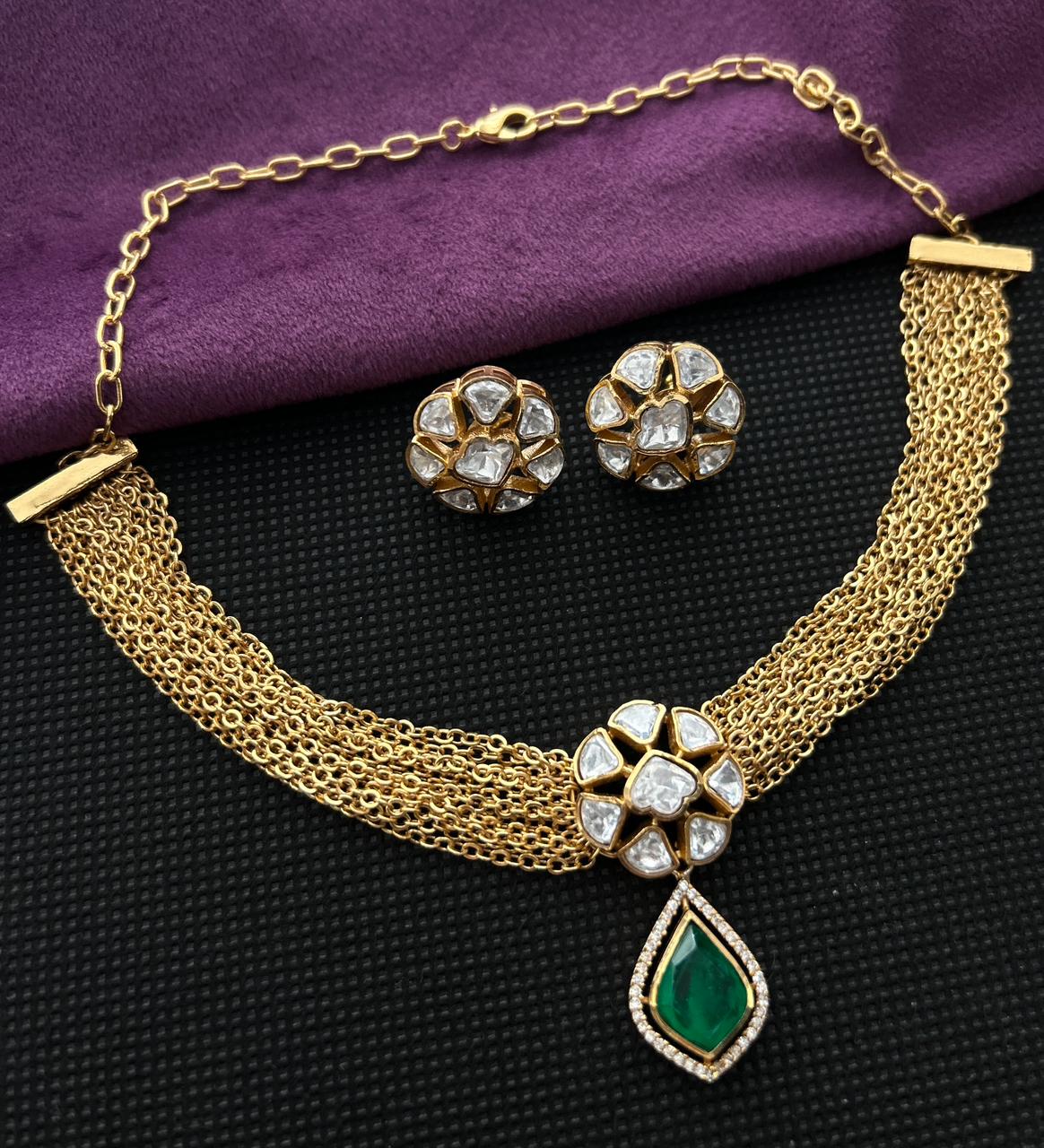 Rajeshwari Ruby Moissanite Kundan Cascade Necklace Set