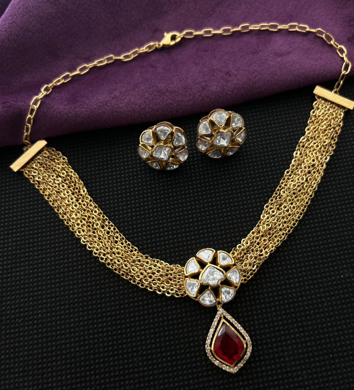 Rajeshwari Ruby Moissanite Kundan Cascade Necklace Set