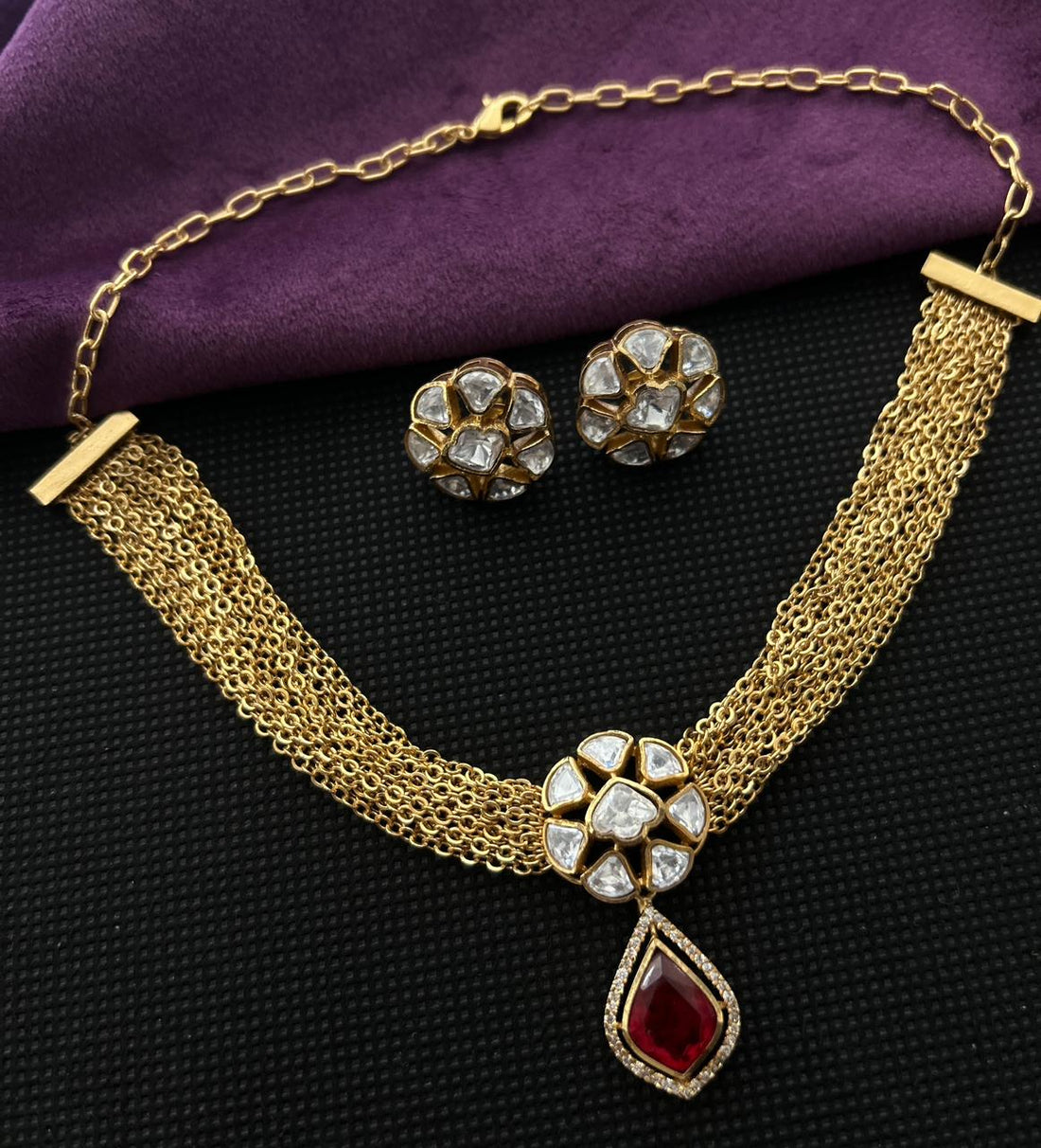 Rajeshwari Ruby Moissanite Kundan Cascade Necklace Set