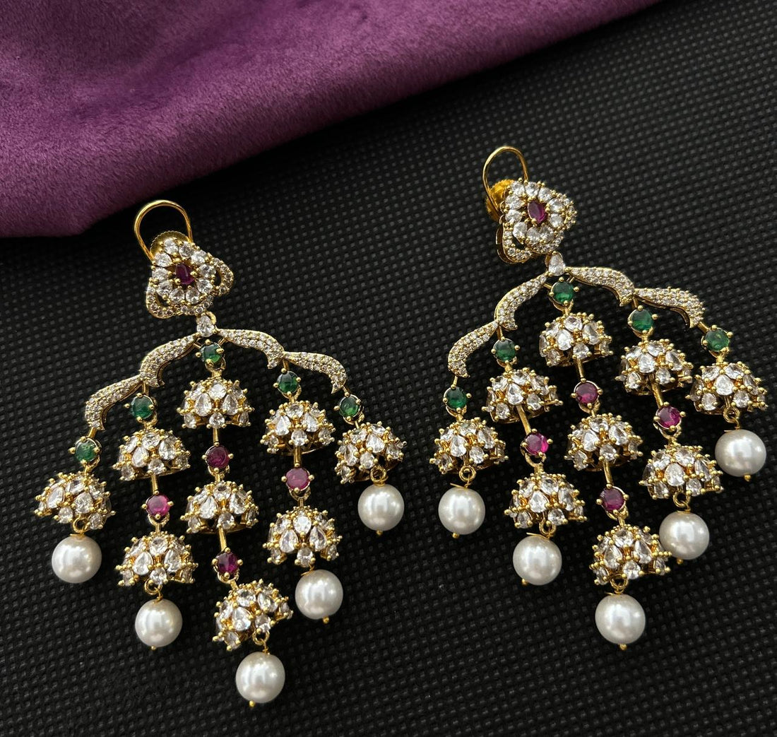 Rangriti Pearl Jhumki Chandbali AD Earrings