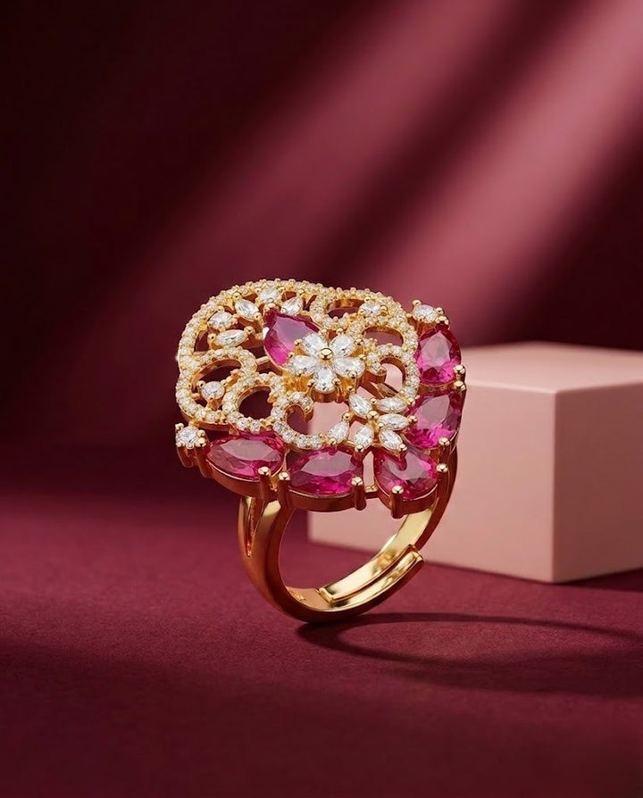 Kiara Ruby Filigree AD Adjustable Statement Ring