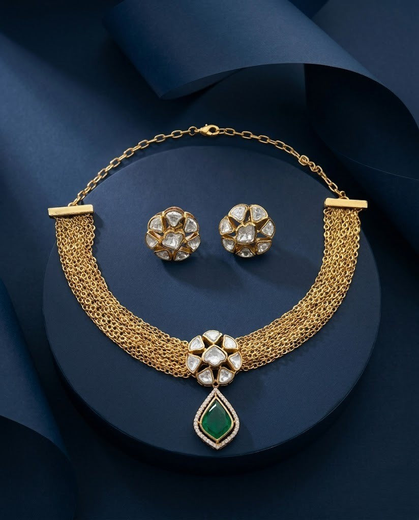 Rajeshwari Ruby Moissanite Kundan Cascade Necklace Set